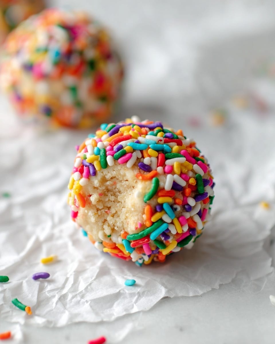 The image shows a close-up of a single ball-shaped dessert with a creamy beige base that looks soft and slightly crumbly in texture. The ball is coated all around with a thick layer of colorful round and rod-shaped sprinkles in red, green, yellow, white, purple, blue, orange, and pink, giving it a fun and festive look. The ball is placed on crumpled white paper, with a blurred similar dessert visible in the background on a white marbled surface. Photo taken with an iphone --ar 4:5 --v 7
