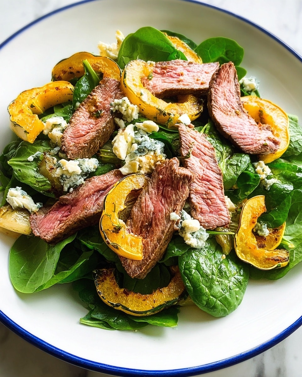 A white plate with a blue rim holds a fresh salad consisting of three main layers: at the bottom, bright green spinach leaves form a leafy bed with smooth and slightly shiny textures. On top of the spinach are several slices of medium-rare steak, pink and juicy in the center with a browned outer edge. Scattered over everything are roasted yellow squash pieces, golden brown from cooking with some darker grill marks, shaped like curved crescents. Small chunks of creamy white cheese with green herbs are dotted across the salad, adding a crumbly texture and contrast in color. The whole dish rests on a white marbled surface. photo taken with an iphone --ar 4:5 --v 7