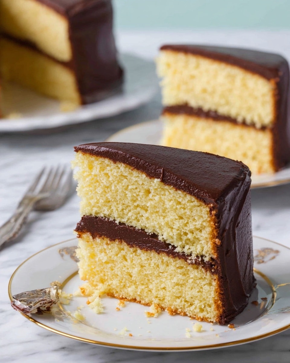 A slice of two-layer yellow cake with smooth, thick dark chocolate frosting between the layers and covering the top, showing a soft and moist texture with some crumbs on the white plate. The cake is placed on white plates with a gold rim, set on a white marbled texture surface with a silver fork in the background. Another slice and part of the whole cake are visible, both with the same frosting and sponge color. photo taken with an iphone --ar 4:5 --v 7