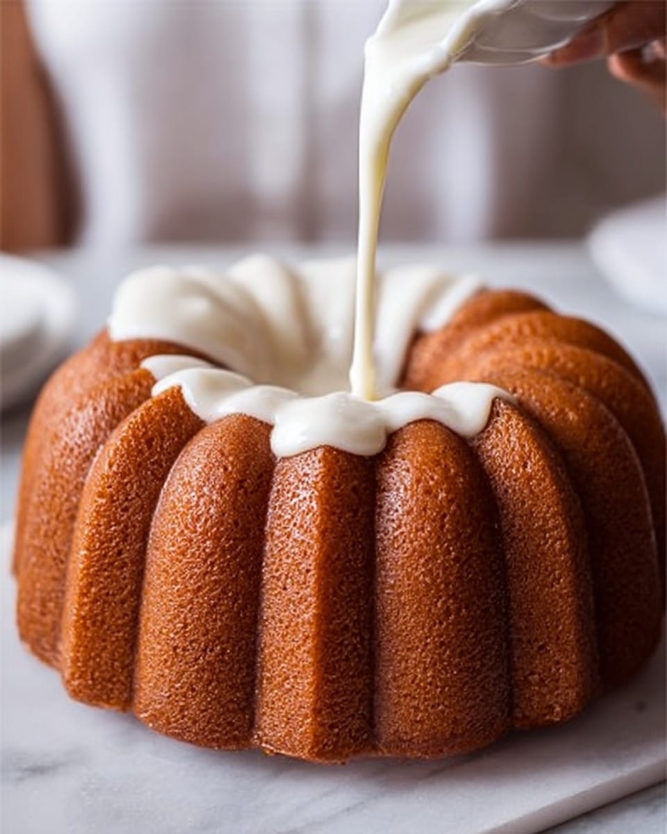 A golden brown bundt cake with a smooth, rounded ridged surface sits on a white marbled table. White glaze is being poured from above onto the top center of the cake, flowing down slowly into the grooved ridges and creating a shiny, thick layer that contrasts with the cake's texture. The background is softly blurred, showing a person wearing a white shirt holding the cake gently with a woman's hand. photo taken with an iphone --ar 4:5 --v 7