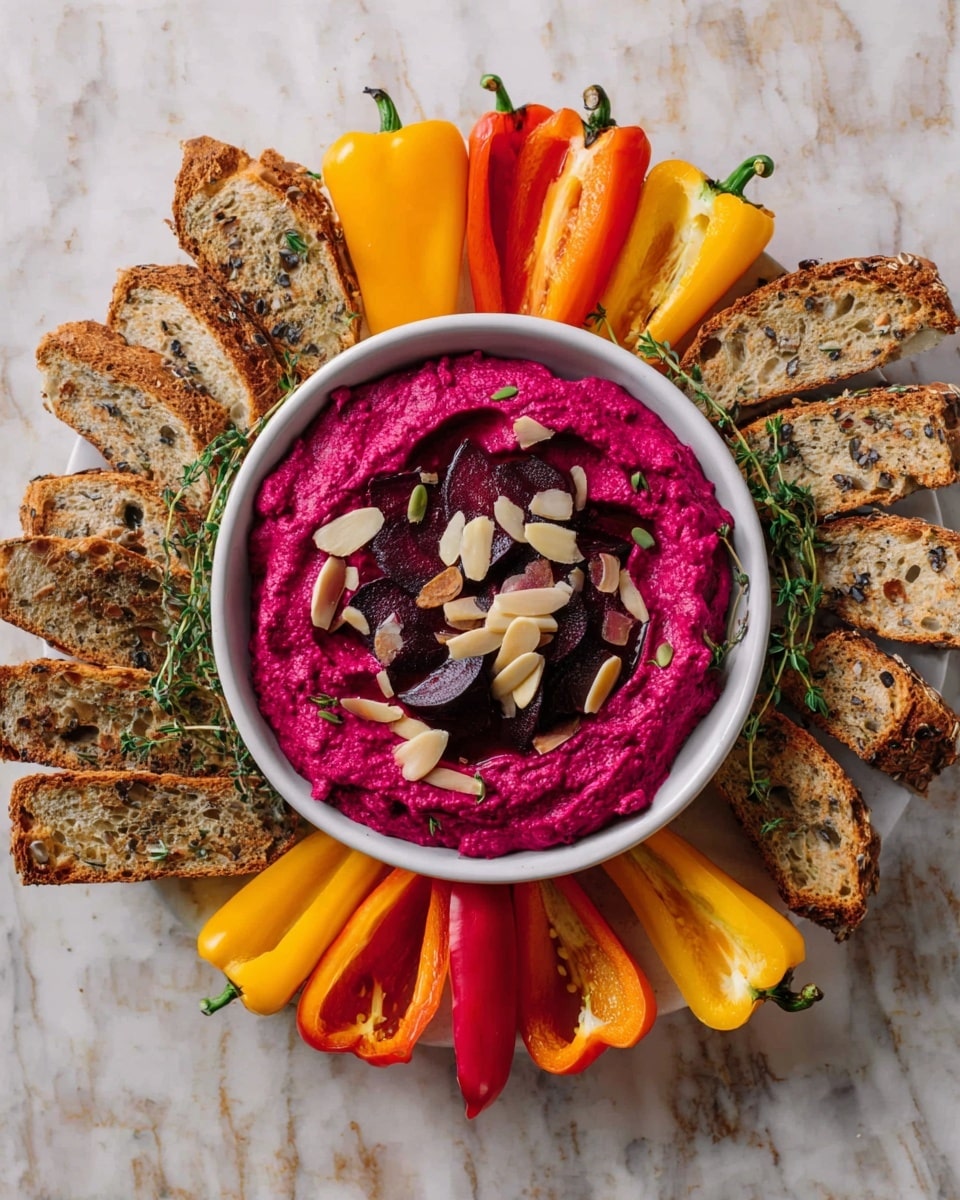 A white round dish sits in the center full of bright magenta beet hummus with a smooth texture, topped with dark purple beet slices and light brown slivered almonds scattered on top. This dish is surrounded by four groups of snack pieces arranged evenly in a circle: toasted multigrain bread slices with a golden brown and crispy texture, and mini bell pepper halves in shades of yellow, orange, and red with a shiny surface and seeds visible inside. A few sprigs of fresh green thyme are placed sparingly among the snacks. The dish and snacks rest on a white marbled surface. Photo taken with an iphone --ar 4:5 --v 7