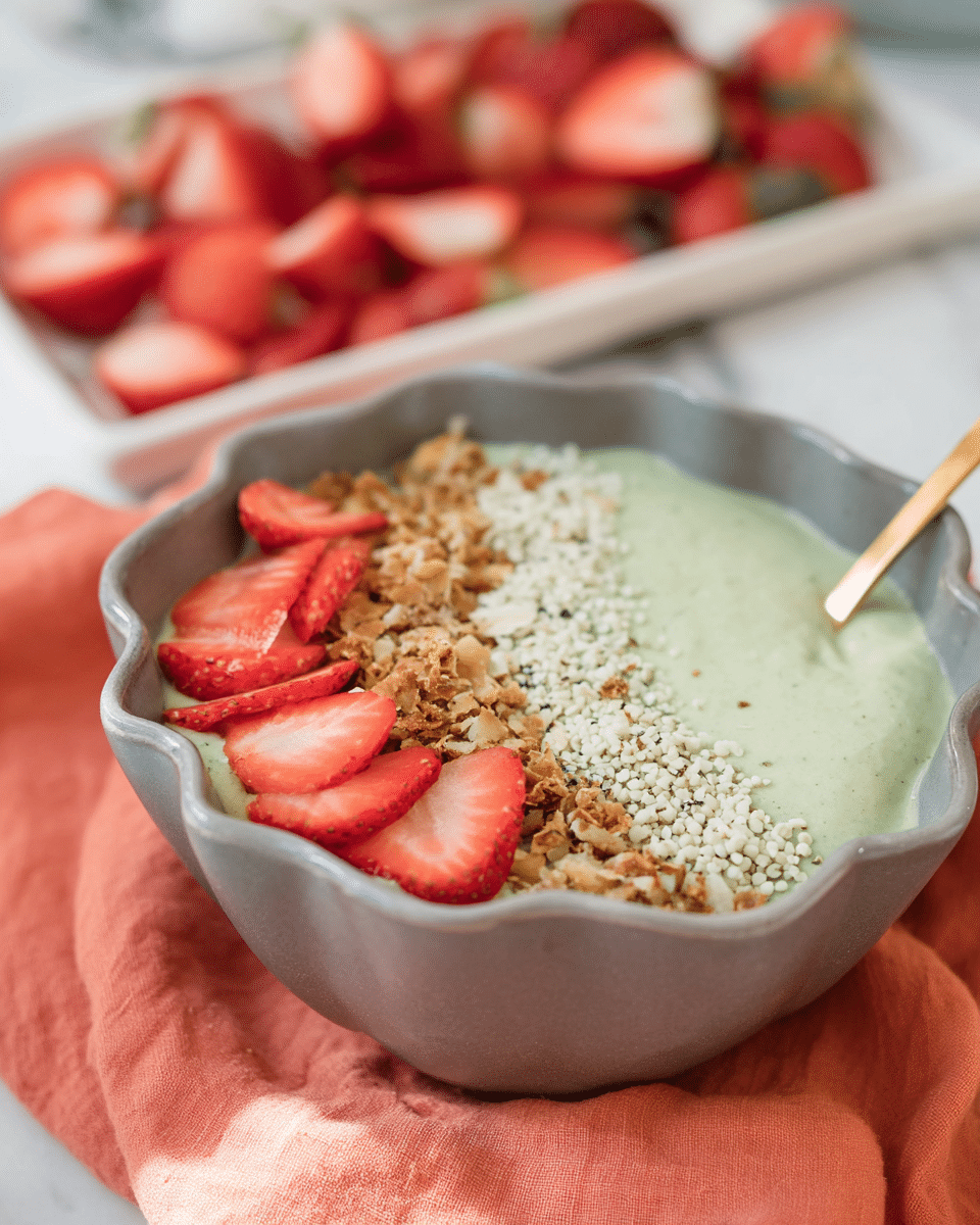 A light green smoothie bowl is shown inside a gray scalloped bowl, sitting on top of a soft orange cloth over a white marbled surface, with a gold spoon resting inside it. The bowl has three visible topping layers arranged side by side on top of the smoothie: thinly sliced red strawberries on the far right, a light sprinkling of small off-white hemp seeds in the middle, and a pile of rough, brown toasted coconut flakes on the left. In the background, blurred chopped strawberries are scattered on a white rectangular tray. photo taken with an iphone --ar 4:5 --v 7