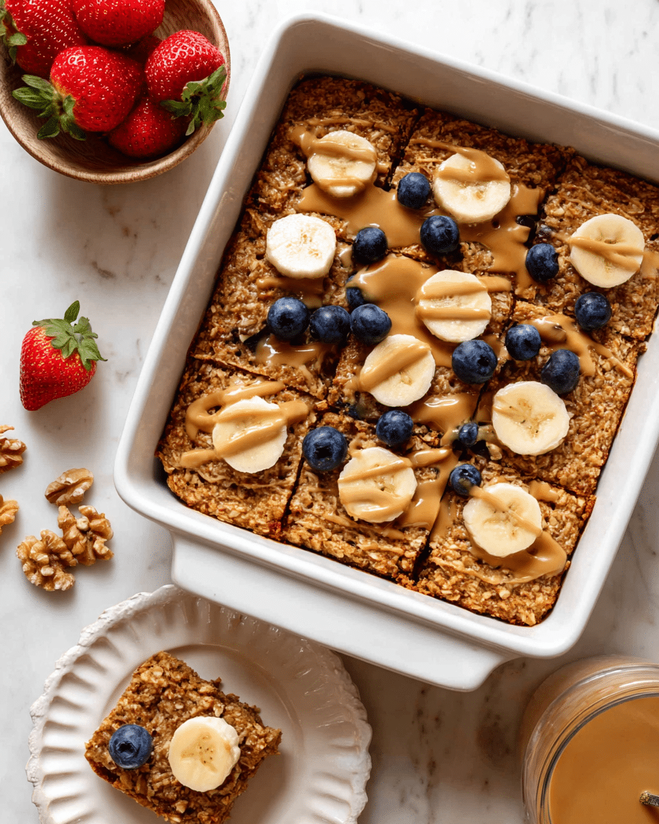 A white rectangular baking dish holds a thick, golden brown oat bar base as the bottom layer with a rough, chewy texture. The bars are divided into six pieces, with one piece removed from the top left corner. On top of this oat base, a creamy light brown sauce is drizzled unevenly. Fresh banana slices and whole blueberries are arranged in small clusters over the bars, adding pops of yellow and deep blue color. Nearby, a white scalloped plate holds the removed piece with similar toppings. Around the dish, there are three bright red strawberries at the top left, a small bowl of walnuts at the left, and a glass bowl of creamy light brown sauce at the top right—all set on a white marbled surface photo taken with an iphone --ar 4:5 --v 7