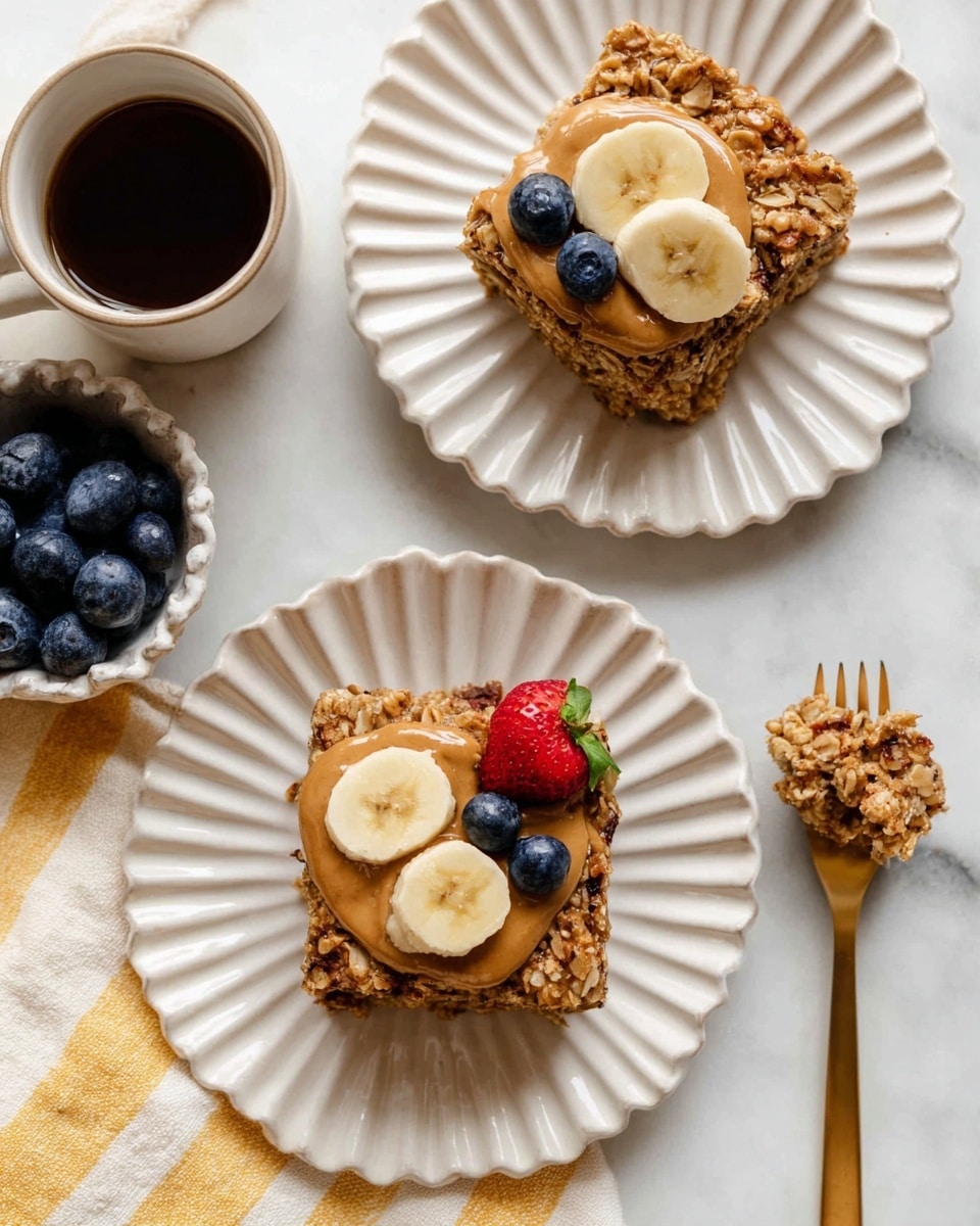 Two pieces of baked oatmeal sit on white scalloped plates over a white marbled surface. Each oatmeal piece has a rough, grainy texture with visible oats and nuts, topped with a creamy drizzle of peanut butter. One piece is decorated with two banana slices and a blueberry, while the other piece has one banana slice and two blueberries. A halved strawberry rests on one plate next to the oatmeal. A gold fork holds a small oatmeal bite, with a cup of dark coffee and a bowl of fresh blueberries nearby. A yellow and white striped napkin is partially visible under the plates. Photo taken with an iphone --ar 4:5 --v 7