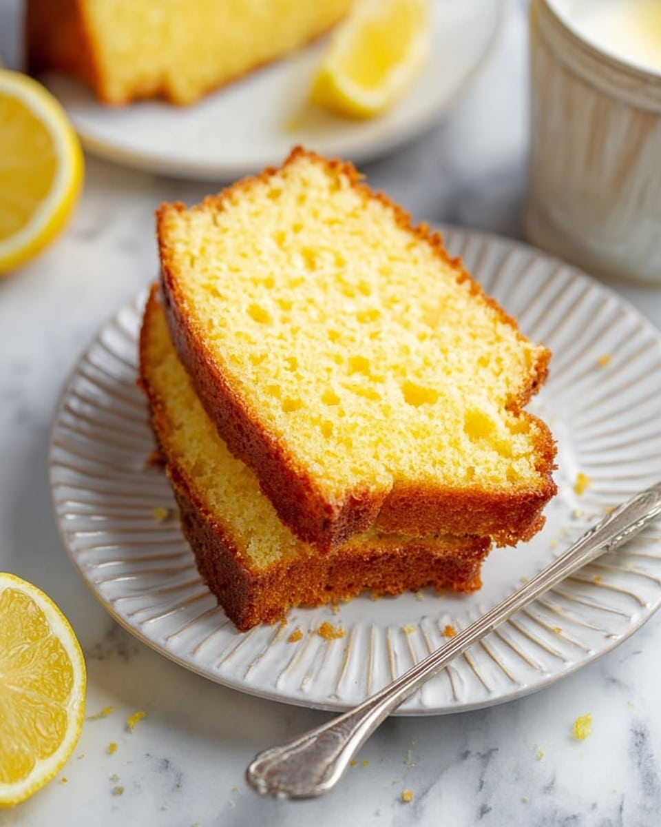 Two slices of yellow lemon cake with a golden brown crust are stacked on a white plate with a ridged edge pattern. The cake texture looks soft and moist with small air pockets inside. A silver butter knife rests on the plate next to the cake. Part of a lemon and some lemon wedges are placed near the plate on a white marbled surface. The background is softly out of focus, showing part of a cup and another slice of cake. Photo taken with an iphone --ar 4:5 --v 7