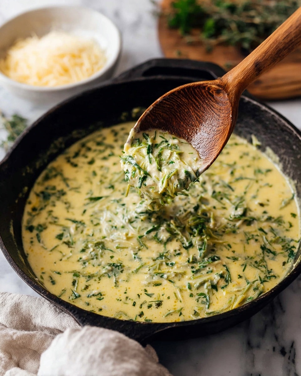 The image shows a close-up of a creamy, light yellow sauce mixed with finely chopped green herbs and small grated pieces in a black cast iron pan. A wooden spoon with a rich brown texture is lifting a spoonful of the sauce, highlighting its thick and smooth texture with visible green strands dispersed throughout. In the background, there is a small white bowl with grated ingredients and some green herbs on a white marbled surface, along with a small cloth near the pan handle. The overall setting is clean and natural. photo taken with an iphone --ar 4:5 --v 7