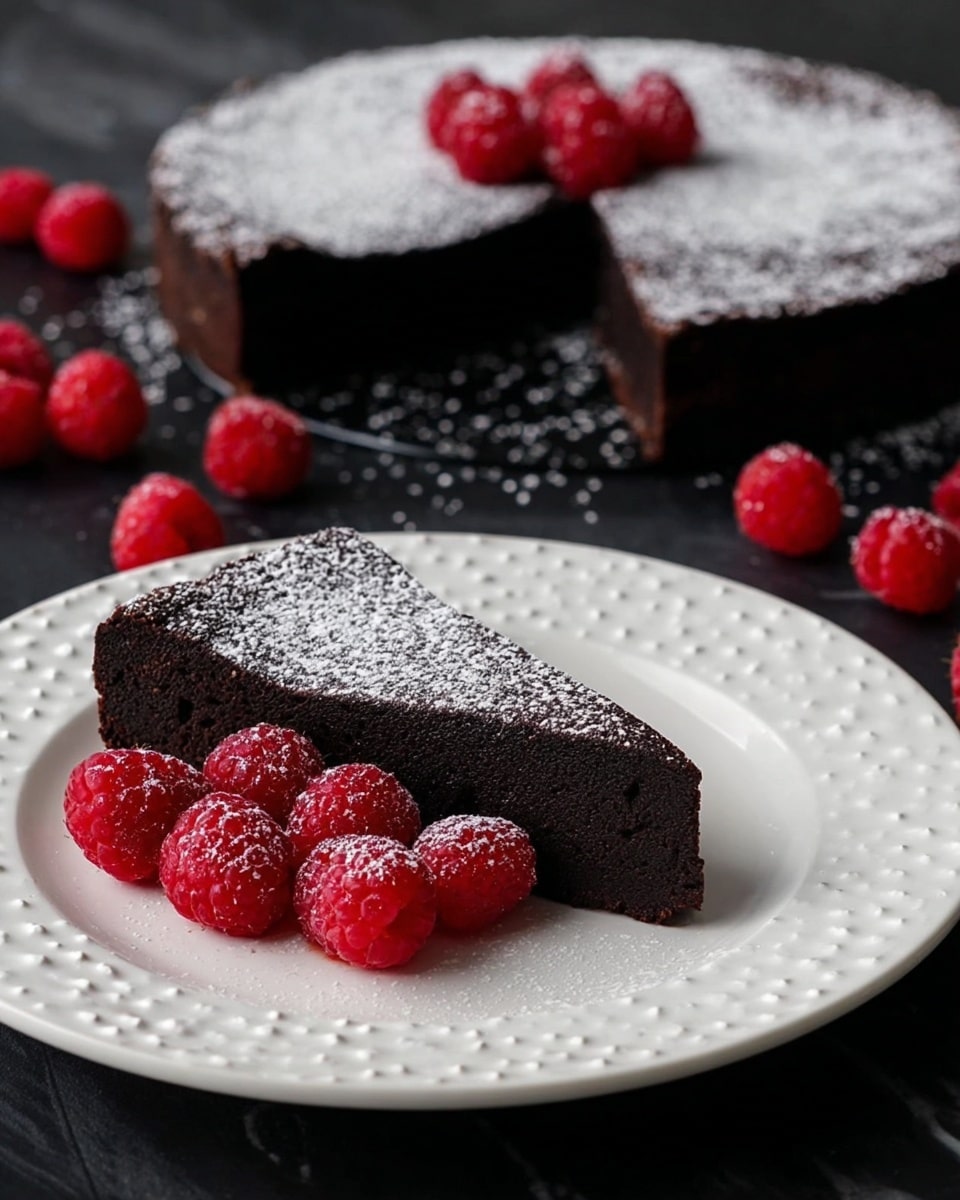A thin triangular slice of dark chocolate cake dusted lightly with white powdered sugar sits on a white plate with a raised dotted edge; next to the cake slice, there is a cluster of bright red raspberries with a bumpy texture. In the background, the rest of the round chocolate cake, also topped with powdered sugar, rests on a dark surface with more raspberries scattered around its base. The surface is changed to a white marbled texture. photo taken with an iphone --ar 4:5 --v 7