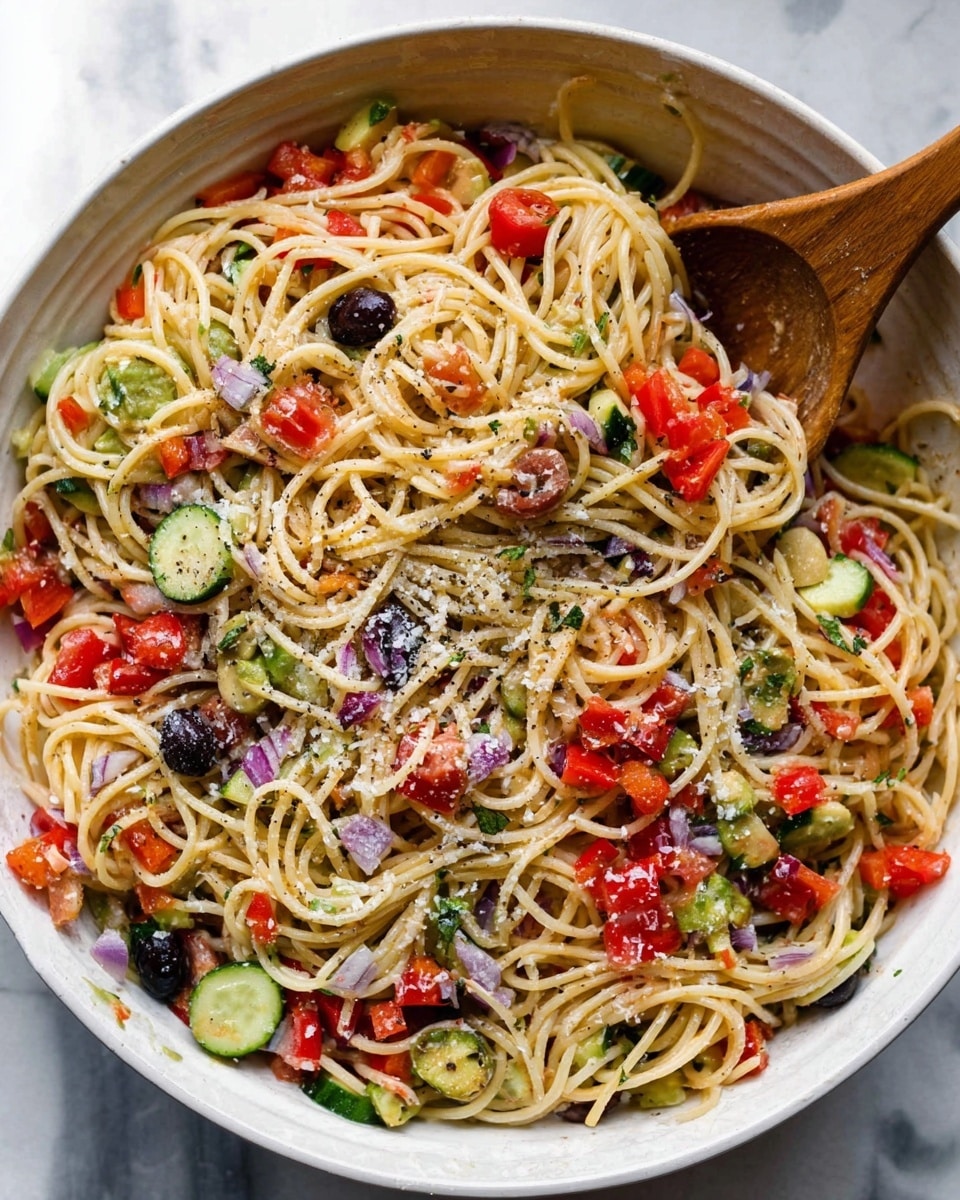 A large white bowl holds a vibrant pasta salad layered with light beige spaghetti noodles twisted and mixed throughout. Scattered on top and within the noodles are bright red chopped bell peppers and halved cherry tomatoes, adding sharp pops of color. There are also irregular chunks of fresh green cucumber, black olive slices both whole and cut, and small pieces of purple onion distributed evenly all over. The salad is sprinkled lightly with grated white cheese and coarse black pepper, giving a speckled texture. A wooden spoon rests inside the bowl, partly buried in the pasta against a white marbled surface. photo taken with an iphone --ar 4:5 --v 7