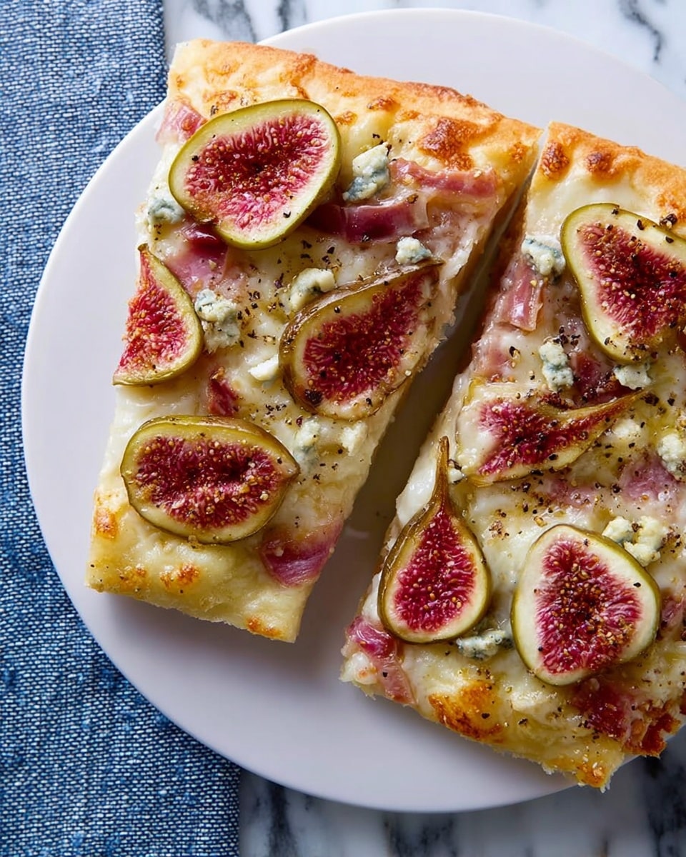 The image shows two rectangular slices of pizza on a white plate set on a white marbled surface. The pizza has a golden-brown crust with a slightly thick edge. The top layer is made of melted cheese that looks soft and bubbly with some browned spots. On the cheese layer, there are thin slices of green figs with bright reddish interiors and small seeds visible. There are also strips of pinkish-red ham, and scattered bits of a crumbly blue cheese adding a speckled texture. The toppings are spread evenly, and some black pepper is sprinkled on top, adding small dark flecks. Photo taken with an iphone --ar 4:5 --v 7