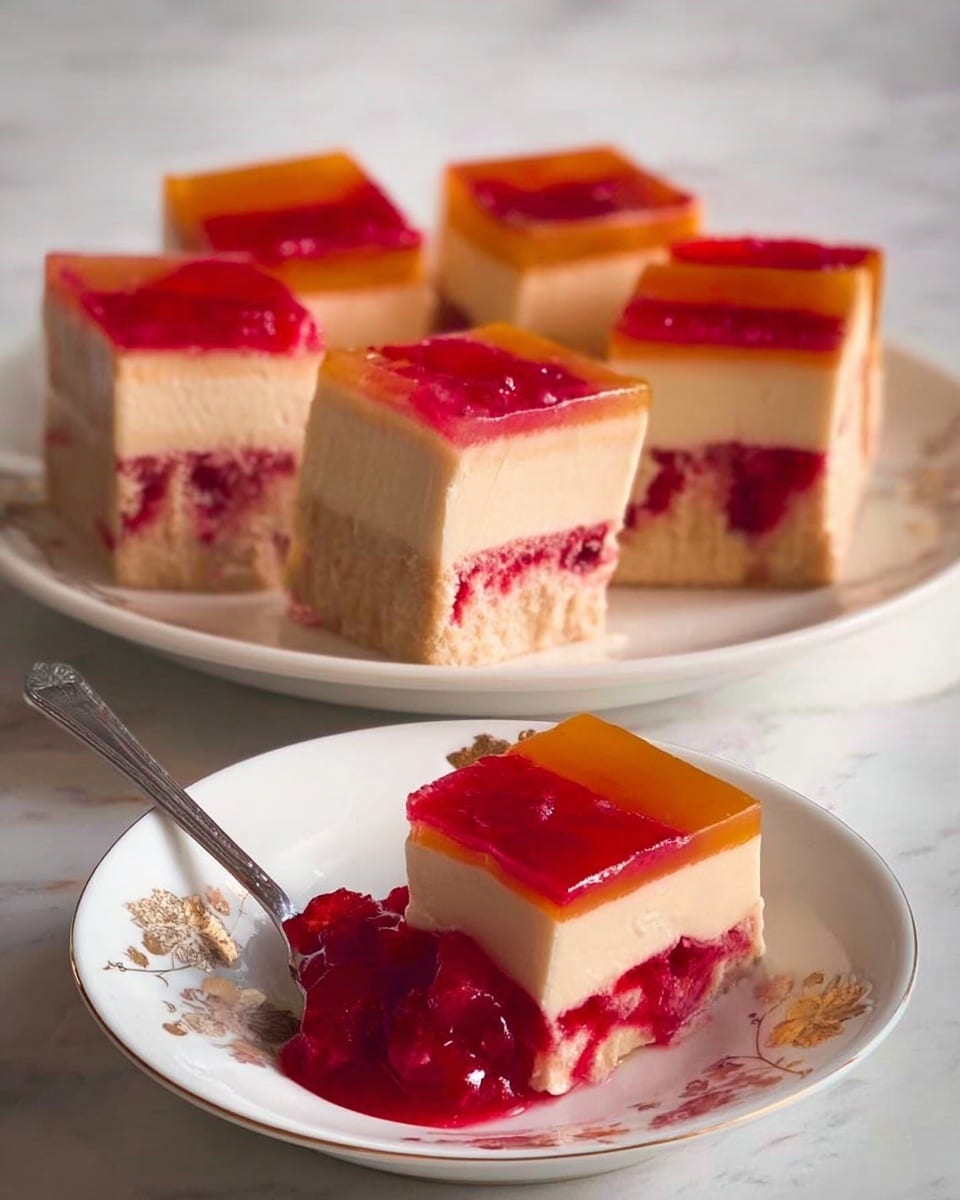 The image shows six slices of a three-layered dessert arranged on a white plate with a floral design, placed on a white marbled surface. Each slice has a top and bottom layer that are creamy beige in color with a smooth texture, and a middle bright orange layer that is slightly translucent. The front side of each slice reveals a thick, rough-textured, bright red fruit filling with visible small fruit pieces. In the foreground, one slice is served on a small white bowl with a subtle gold pattern, with a silver spoon resting beside it. The fruit filling looks juicy and slightly spilling over the slice’s edge. Photo taken with an iphone --ar 4:5 --v 7