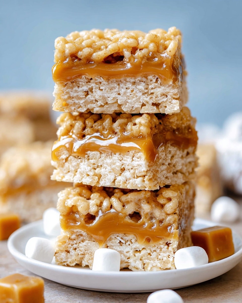 The image shows a stack of three square crispy rice treats with gooey caramel filling in the middle of each bar. Each bar has two layers of light beige, crispy rice cereal with a shiny, smooth caramel layer sandwiched between and slightly melting out. The treats are on a white plate, placed on a white marbled surface with a few mini marshmallows and caramel candies around the plate. The background is a soft gradient blue, softly blurred to keep focus on the bars. photo taken with an iphone --ar 4:5 --v 7