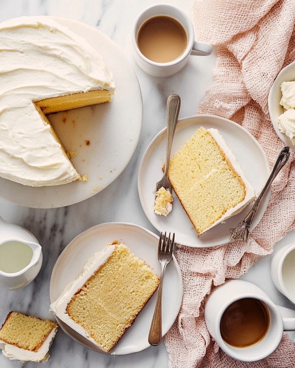 A two-layer vanilla cake with light yellow sponge and white creamy frosting on top and between the layers sits on a white plate with one slice missing. Three smaller white plates each hold a slice of the same cake, showing the smooth frosting and soft texture of the cake layers. Two metal forks rest on two of the plates, one of them holding a small bite of cake. There are two white cups filled with coffee, one white creamer with milk, and a soft pink textured cloth on a white marbled surface under everything. photo taken with an iphone --ar 4:5 --v 7
