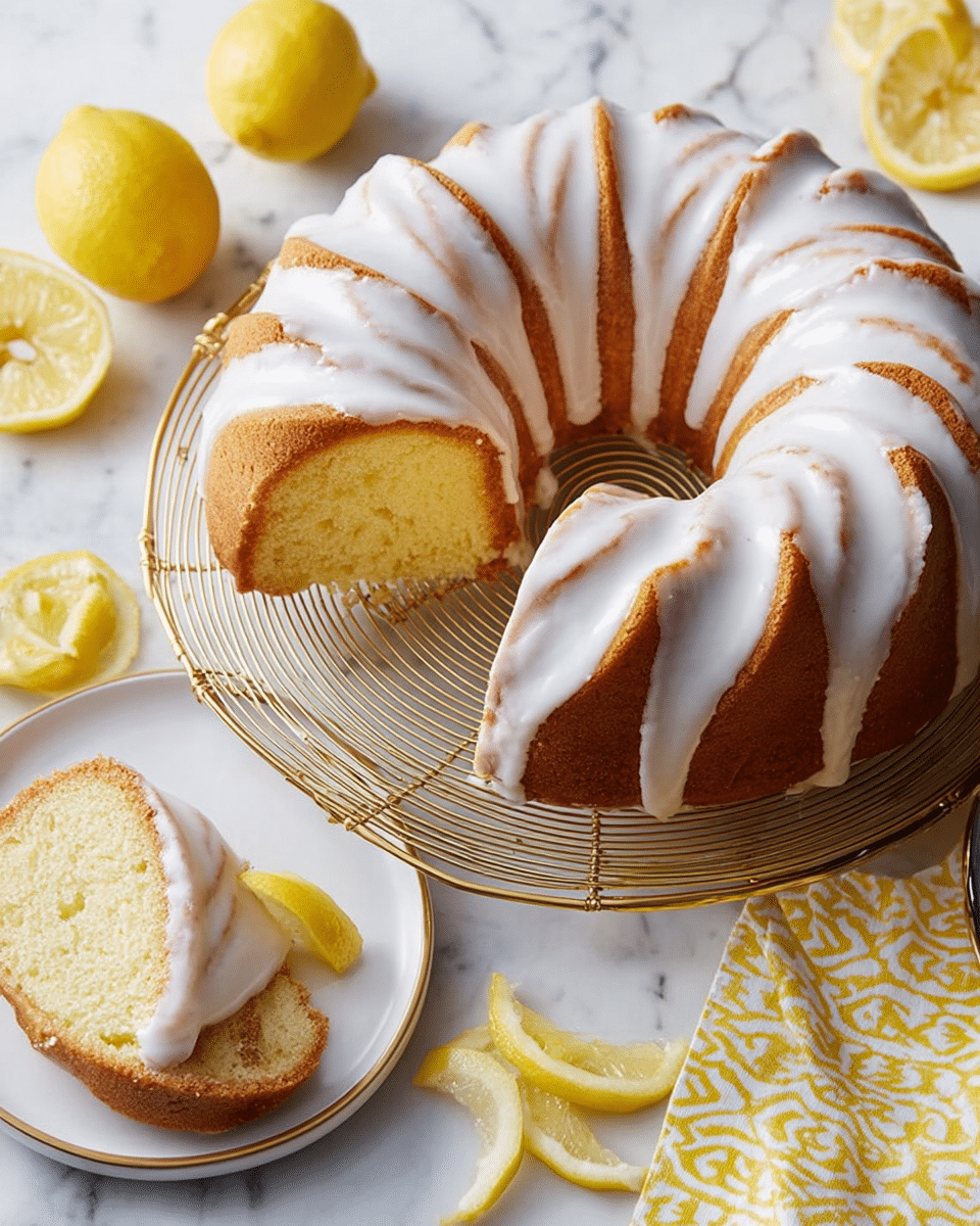 A golden brown bundt cake with a thick white glaze covering the top in uneven layers, highlighting the cake’s curved ridges. One slice is cut and slightly pulled out, revealing the soft, light yellow inside of the cake. The cake sits on a gold wire cooling rack, placed on a white marbled surface. To the right, a white plate holds the removed slice with a similar glaze on top. Around the plate, there are lemon slices and a half lemon, and a yellow and white patterned cloth is partly visible. photo taken with an iphone --ar 4:5 --v 7
