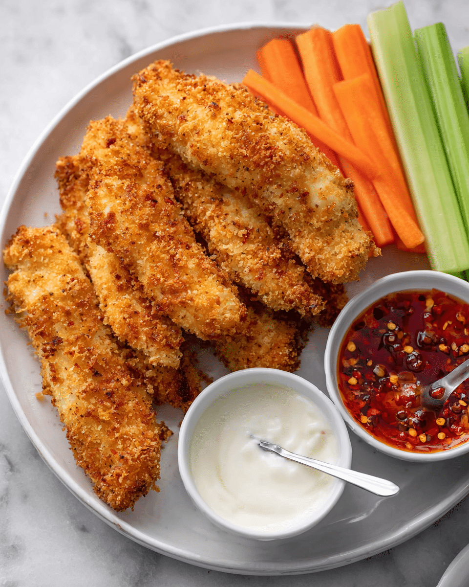 A white round plate on a white marbled texture holds five crispy golden-brown breaded chicken strips arranged in a slightly overlapping row. On the upper right side of the plate, there are fresh celery sticks and carrot sticks stacked alternately in two layers with bright green and orange colors. On the bottom left of the plate, a small white cup filled with creamy white dipping sauce sits next to a white cup filled with red chili sauce on the upper right, which has visible chili flakes and a spoon inside. The overall look is appetizing with warm and fresh colors, photo taken with an iphone --ar 4:5 --v 7