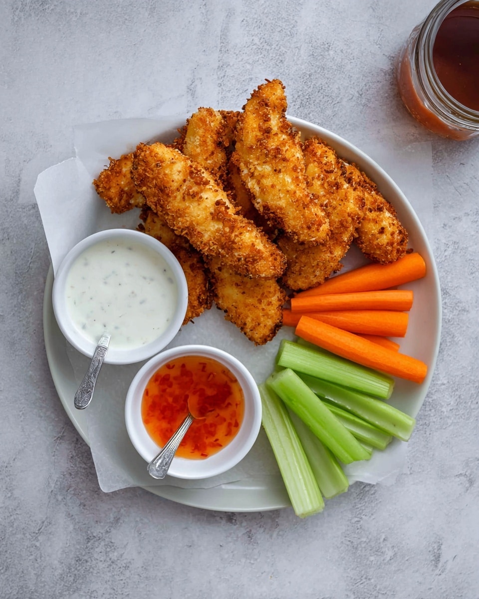 A white round plate on a white marbled texture holds six pieces of golden brown crispy breaded chicken strips arranged in a semi-circle. On the right side of the plate, there are fresh bright orange carrot sticks and vibrant green celery sticks neatly stacked. Two small white bowls sit on the plate, one with creamy white ranch sauce on the left and another with reddish-orange sweet chili sauce on the bottom with a small silver spoon inside. The plate is set on white parchment paper. photo taken with an iphone --ar 4:5 --v 7