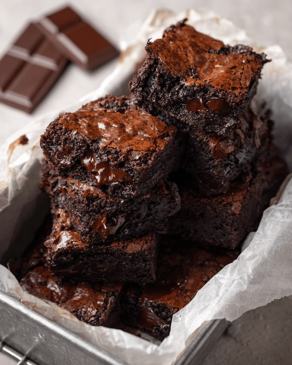 A stack of four brownies is shown on crinkled white parchment paper on a white marbled surface. Each brownie has a thick, dense texture with rich, dark chocolate color and visible gooey melted chocolate chunks inside and on top. The edges are slightly rough, and there are shiny patches of melted chocolate that catch the light. The top brownie is broken, showing its moist inside clearly. The background is soft and blurred with light pink and beige tones. Photo taken with an iphone --ar 4:5 --v 7