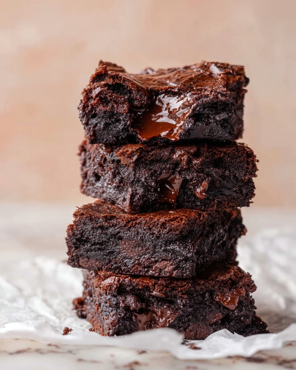 A silver baking tray lined with wrinkled white parchment paper holds six thick, dark brown brownies stacked slightly unevenly. The brownies have a shiny, cracked crust on top with gooey melted chocolate patches visible inside and between the pieces, showing a rich, dense texture. Two squares of dark chocolate rest blurred in the background on a white marbled surface, adding a hint of additional chocolate flavor. photo taken with an iphone --ar 4:5 --v 7