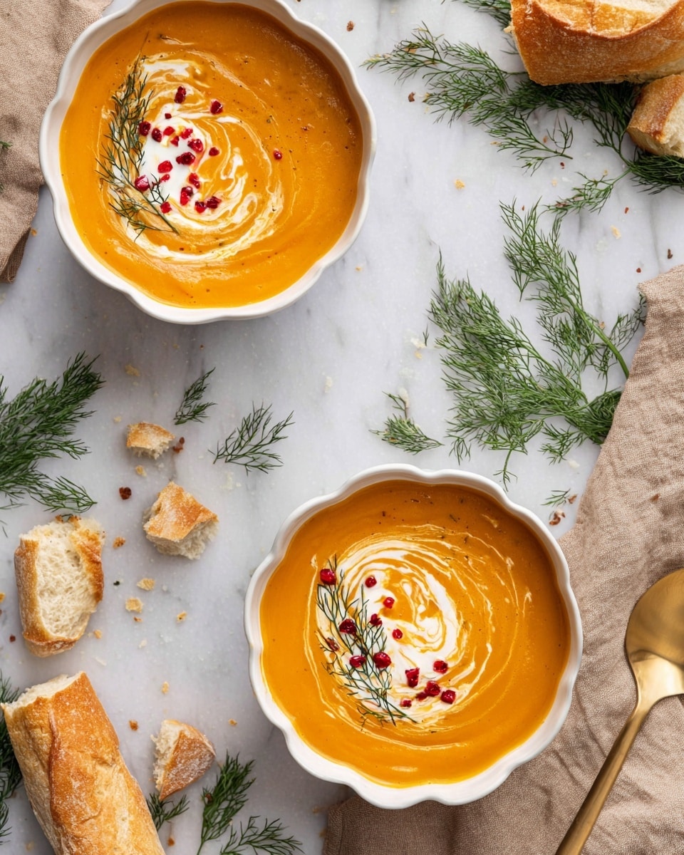 A close-up of a warm orange soup in a white bowl, showing its thick and creamy texture with a small piece of red garnish on a gold spoon held above the bowl, which has swirls of white cream and a few scattered pieces of red garnish on the soup surface, all set against a white marbled background. photo taken with an iphone --ar 4:5 --v 7