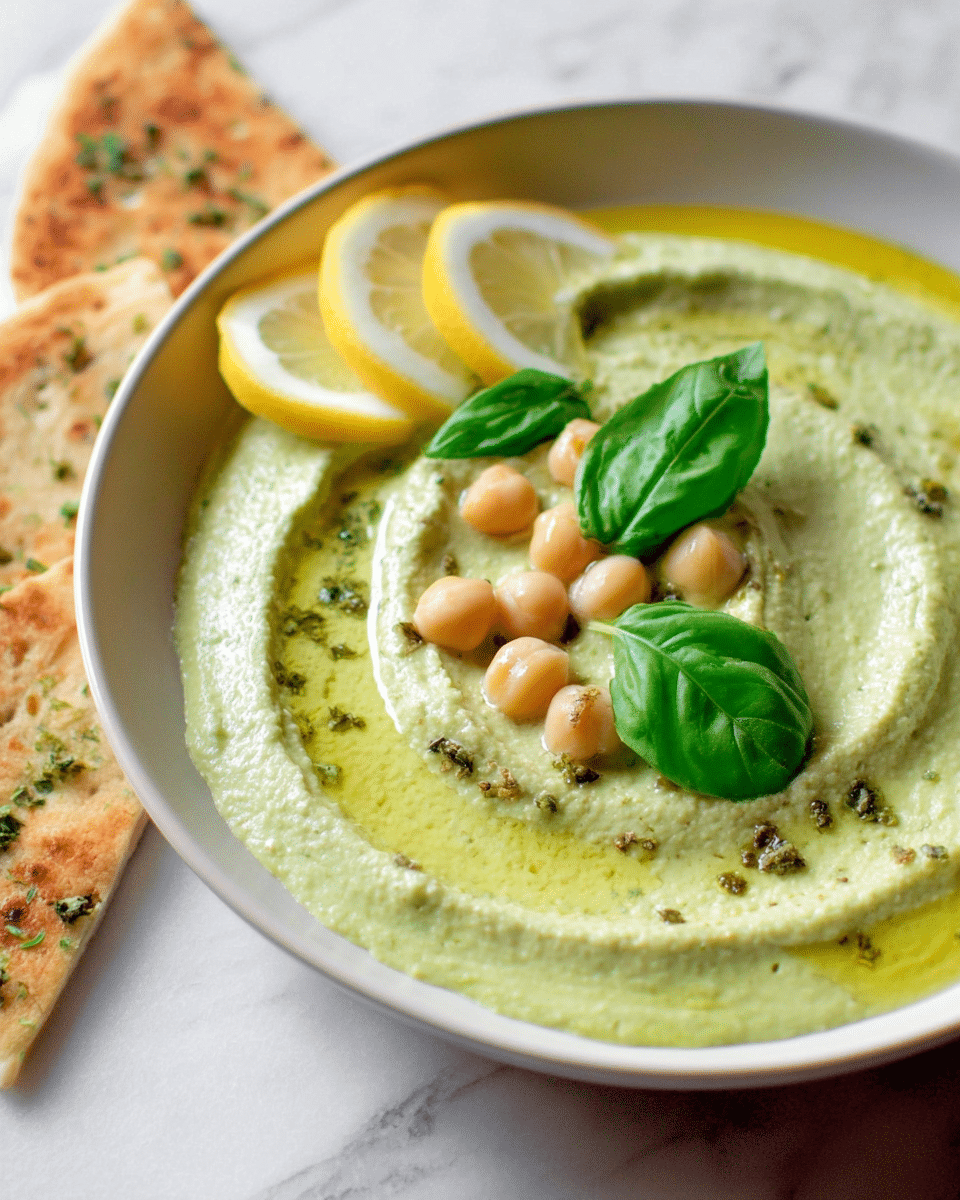 A white shallow bowl holds a creamy green dip with a smooth, swirled texture filling the base. On top, there are a few whole light beige chickpeas scattered in the center along with three bright green basil leaves. To one side of the bowl, two thin lemon slices rest on the dip, adding a pop of yellow. Around the edge of the dip, a drizzle of golden olive oil adds shine. In the background, leaning against the bowl’s edge, are several small pieces of light brown flatbread sprinkled with herbs. The whole scene is set on a white marbled surface. Photo taken with an iphone --ar 4:5 --v 7