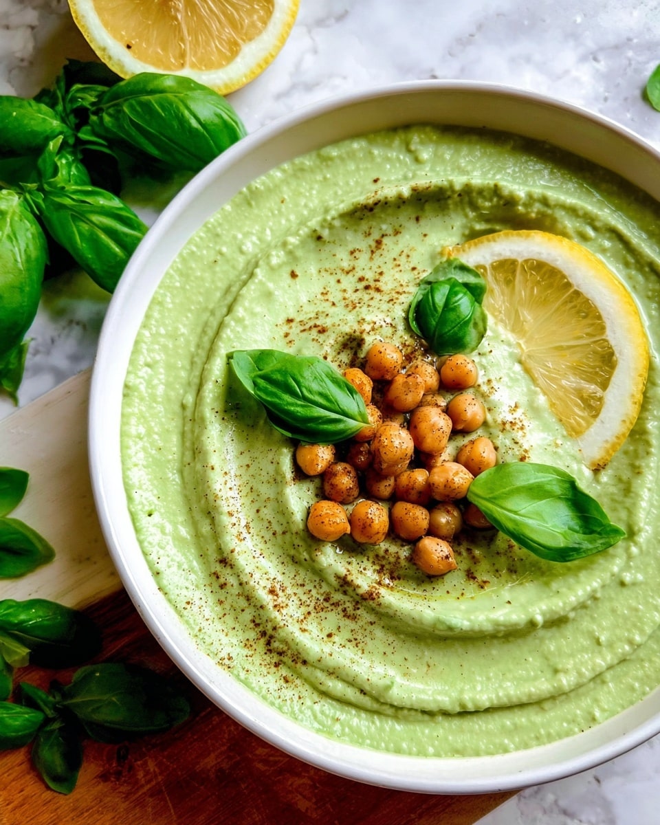 The image shows a white bowl filled with creamy green hummus, swirled in a circular pattern covering the whole bowl. On top, there are light brown chickpeas sprinkled in a small pile near the center, some fresh dark green basil leaves around the chickpeas, and a light dusting of brown spice. A thin round slice of lemon with a pale yellow rind lays slightly overlapping the hummus edge near the chickpeas. The bowl rests on a white marbled surface with whole fresh basil leaves and a lemon wedge nearby for decoration. photo taken with an iphone --ar 4:5 --v 7