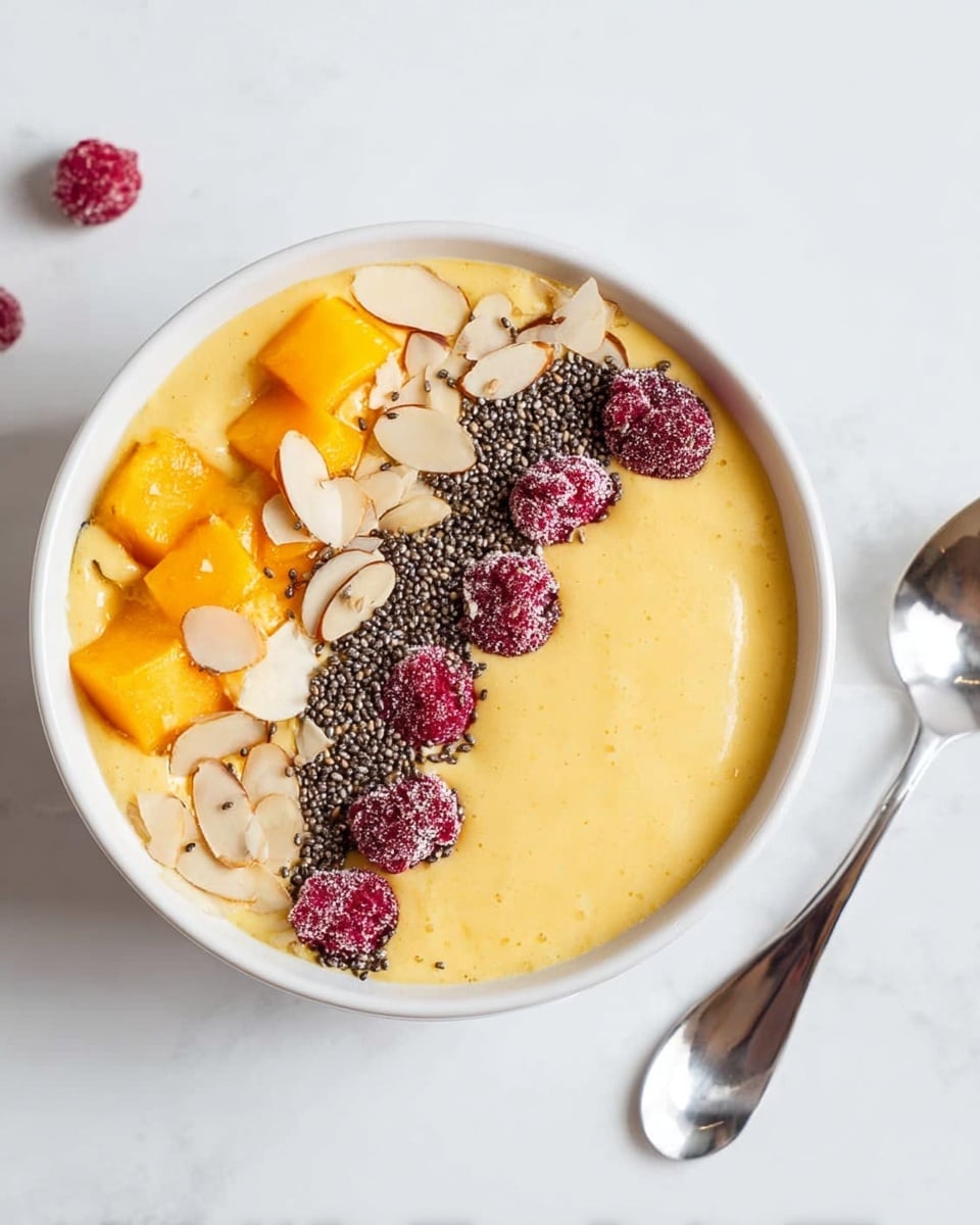 Two white bowls each hold a smooth, creamy yellow mango smoothie base. On top of each, there are five layers of toppings placed in a diagonal line: bright orange mango chunks, deep red cranberries, a strip of tiny black chia seeds, light beige almond slices, and more cranberries scattered on the side. The bowls sit on a white marbled surface with two shiny silver spoons nearby. The lighting is bright and soft, highlighting the fresh, colorful layers. Photo taken with an iphone --ar 4:5 --v 7