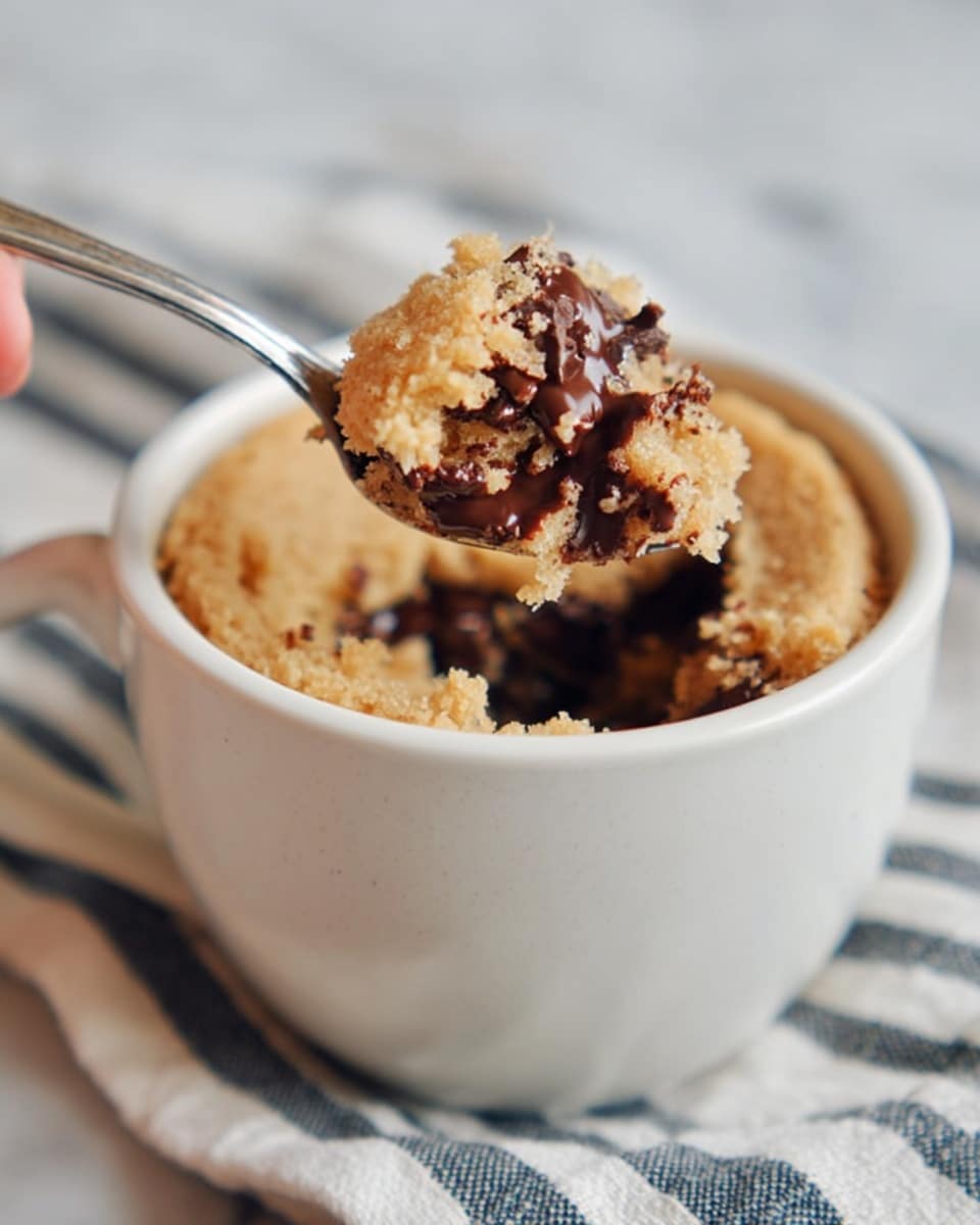 A close-up view of a white cup filled with a light brown, fluffy baked dessert, slightly risen above the rim with a rough, airy texture on top. On the surface, several dark brown, lengthwise chocolate curls are scattered, adding contrast to the lighter baked layer beneath. The cup is placed on a beige cloth with a textured weave, resting on a dark striped fabric that lies over a white marbled surface. A metal spoon with a reflective surface lies next to the cup, partly on the striped fabric. photo taken with an iphone --ar 4:5 --v 7