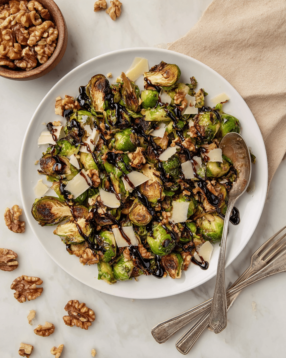 A white plate holds a dish of crispy roasted Brussels sprouts, each piece showing a mix of bright green and dark charred spots. On top, there are scattered light brown walnut pieces adding texture. Thin shavings of a pale cheese layer over the sprouts. A dark balsamic glaze is drizzled unevenly across the top, creating sharp contrast against the cheese and green sprouts. The background is a white marbled surface with a small white bowl filled with more walnuts out of focus behind the plate. photo taken with an iphone --ar 4:5 --v 7