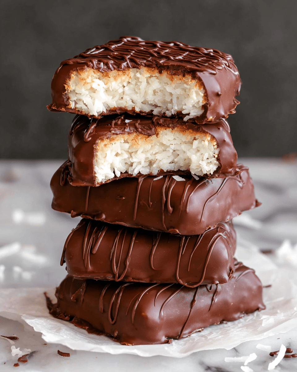 A stack of five rectangular chocolate-covered bars sits on a piece of white paper on a white marbled surface. Each bar has a smooth, dark brown chocolate coating with thin chocolate drizzle lines on top, adding texture. The top two bars are bitten into, showing a dense, white, coconut filling inside with small grainy bits. The chocolate coating is thicker at the edges, and the stack leans slightly to one side with a close-up view emphasizing the creamy interior and glossy chocolate outside. Photo taken with an iphone --ar 4:5 --v 7
