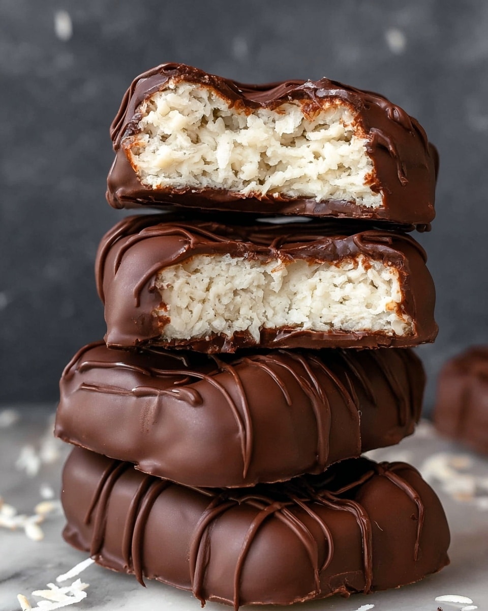 A stack of five chocolate-covered bars is shown, with the top two bars cut in half to reveal the inside. Each bar has a thick, smooth dark brown chocolate coating with drizzles of darker chocolate on top. Inside, there is a dense, textured white filling that looks like a mixture of coconut or cream, tightly packed and moist. The bars are stacked unevenly against a dark blurry background with some white specks, all placed on a white marbled texture surface. photo taken with an iphone --ar 4:5 --v 7