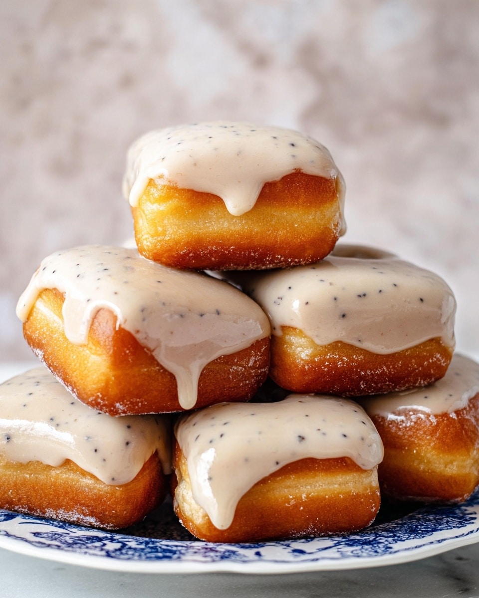 A stack of six square doughnuts with a golden brown fried bottom layer is arranged on a white plate with a blue pattern, forming a pyramid with three doughnuts at the base, two in the middle, and one on top. Each doughnut is covered with a thick, smooth layer of light beige icing with visible tiny black specks, dripping slightly over the edges. The background shows a soft, out-of-focus white marbled texture. photo taken with an iphone --ar 4:5 --v 7