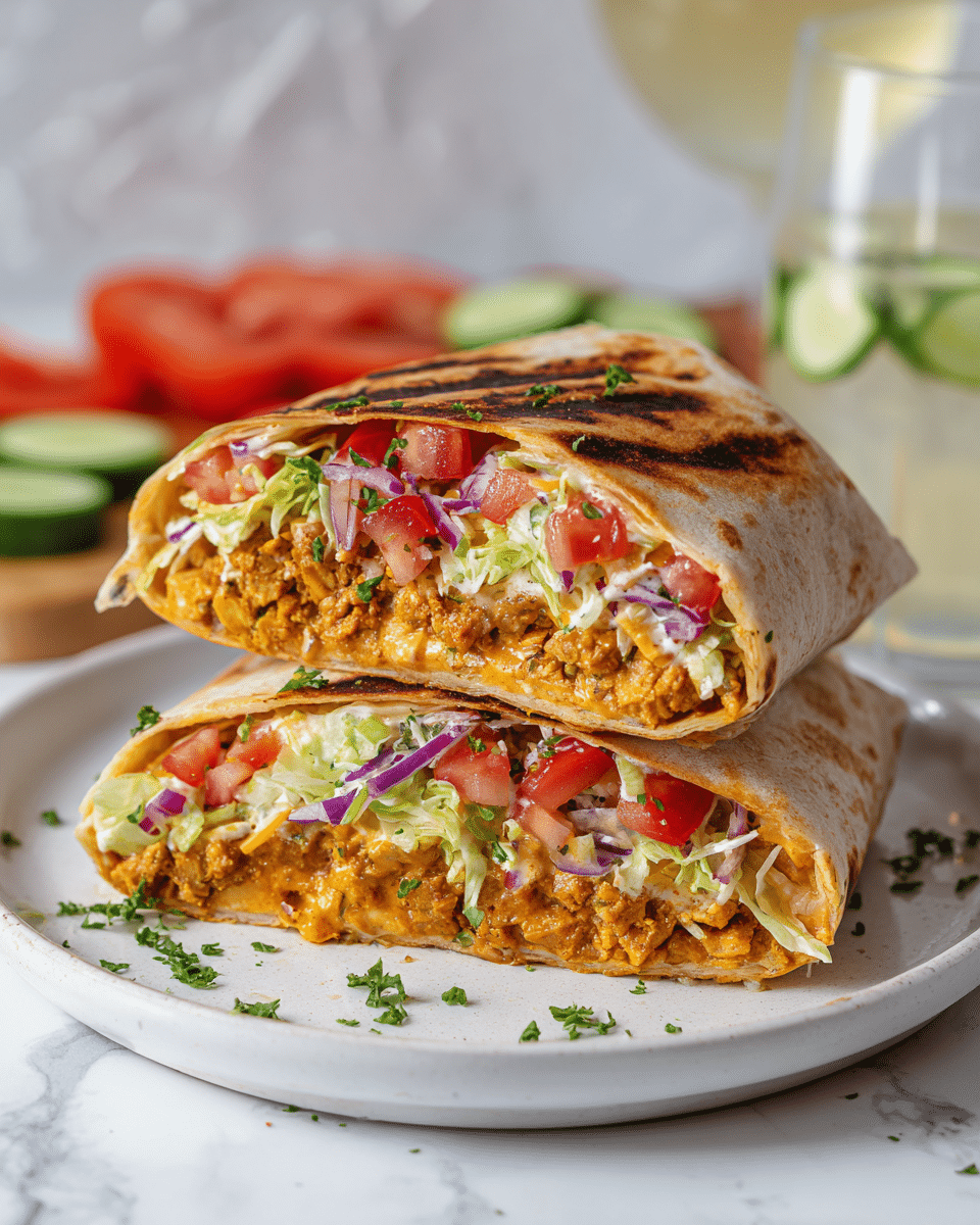 Two burrito halves are stacked on a white plate placed on a white marbled surface. Each burrito has four visible layers: the outer layer is a warm, light brown, toasted tortilla with grill marks; inside the tortilla, there is a thick, crumbly orange layer of seasoned chickpeas or tofu; above that is a fresh, shredded pale green lettuce layer mixed with small pieces of bright green parsley; on top, there is a mix of diced red tomatoes, purple onions, shredded orange cheese, and creamy white sauce. In the blurred background, a glass of white drink and some sliced cucumbers and tomatoes can be seen. Photo taken with an iphone --ar 4:5 --v 7