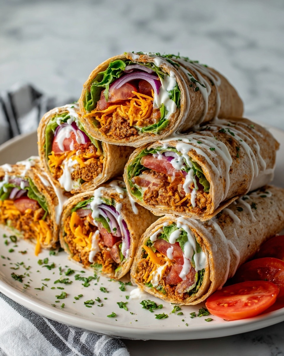 The image shows five wraps cut in half and stacked on a white plate with a few tomato wedges on the side, all placed on a white marbled surface. Each wrap has a thin, light brown tortilla as the outer layer. Inside, there are multiple layers starting with fresh green lettuce at the bottom, followed by thick slices of red tomato. On top of the tomato layer, thin rings of purple onion and shredded orange cheese add color. There is a crumbly, orange-yellow filling added next, likely seasoned tofu or a similar ingredient. The wraps are drizzled with a white sauce, and finely chopped green herbs are sprinkled over the wraps and plate for extra detail. photo taken with an iphone --ar 4:5 --v 7