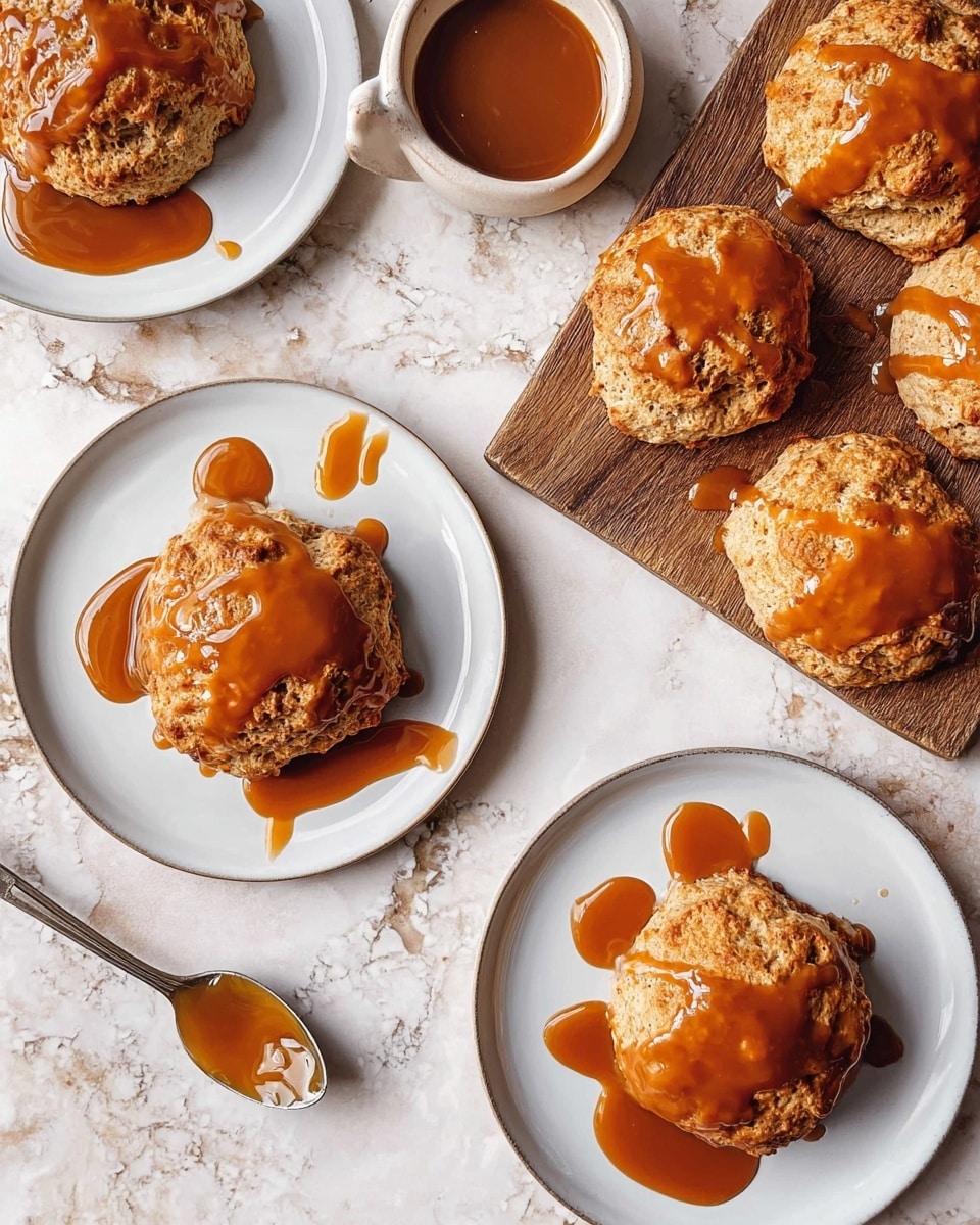 The image shows several golden brown scones topped with shiny caramel sauce. There are two scones on white plates in the foreground, both round and rough-textured with caramel dripping down the sides and pooling on the plates. To the right, there are more scones arranged on a wooden board, also covered in caramel sauce. Above the board is a spoon filled with caramel, slightly dripping. The background is a white marbled surface, creating a clean look. photo taken with an iphone --ar 4:5 --v 7