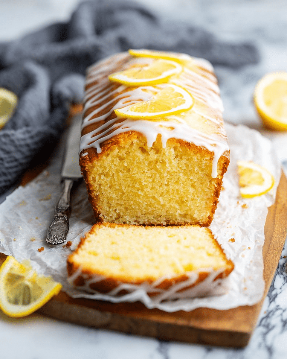 A loaf of lemon cake is placed on a piece of white parchment paper over a wooden board on a white marbled surface. The cake is golden brown on the outside with a moist, yellow crumb inside. A thick glaze is drizzled in irregular lines over the top, and three thin lemon slices are placed on the middle of the cake. The front slice is cut and slightly tilted forward, showing the soft texture. There are lemon wedges placed around the board. A silver knife lies next to the loaf. The background is softly blurred with a grey cloth partially visible in the foreground. Photo taken with an iphone --ar 4:5 --v 7