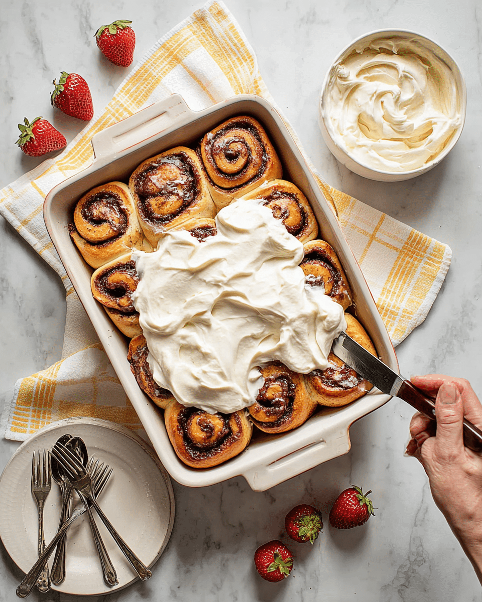 A white rectangular baking dish holds nine golden-brown cinnamon rolls arranged closely in a 3x3 grid, each roll showing visible spirals of dark cinnamon filling. A thick layer of creamy white frosting is being spread across the top, partially covering the cinnamon rolls, with a knife held by a woman's hand visible in the lower right corner. Fresh whole strawberries are scattered around the dish on a white marbled surface. To the right of the dish, there is a small white bowl filled with more creamy frosting set on a light yellow and white striped cloth. In the lower left, a white plate holds two silver forks and two silver spoons, resting on the same white marbled background. Photo taken with an iphone --ar 4:5 --v 7