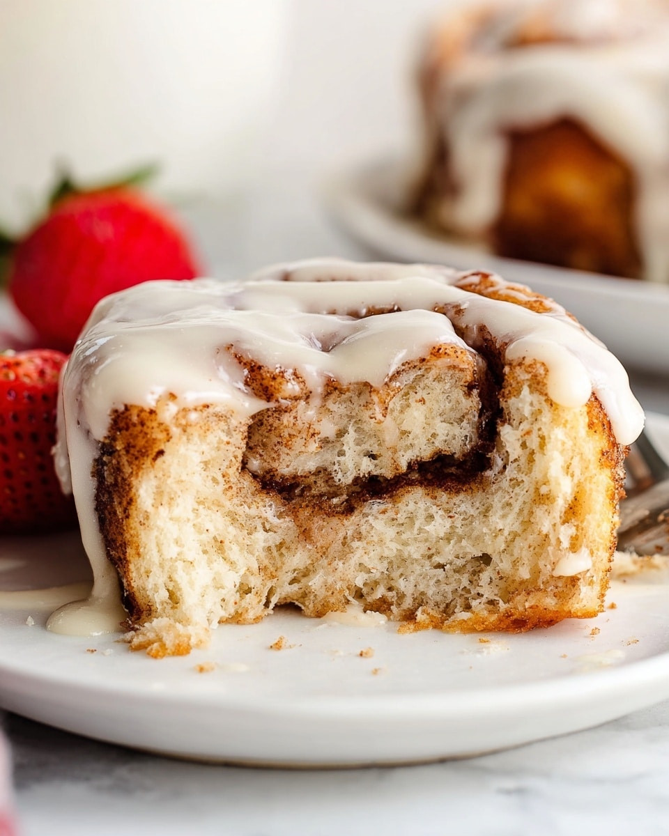 A close-up view of a moist cinnamon roll cut in half and placed on a white plate, showing three thick layers of fluffy light brown dough with swirls of darker brown cinnamon filling in between. The top is coated with a smooth, creamy white icing that drips slightly down the sides, adding a glossy texture. The plate sits on a white marbled surface, and out of focus in the background, the edge of another cinnamon roll and a red strawberry are visible. photo taken with an iphone --ar 4:5 --v 7