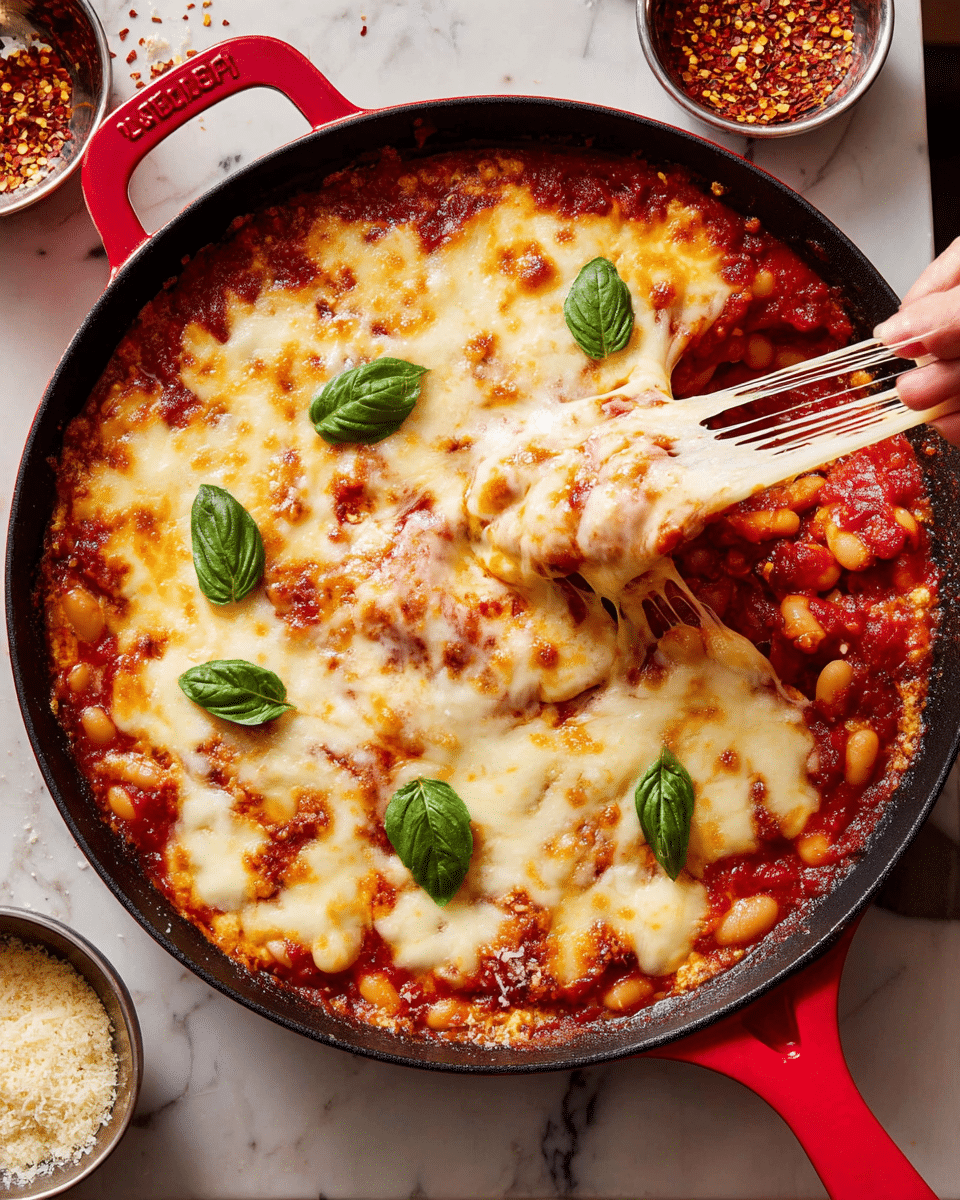 A round black pan with a red handle holds a cheesy baked dish with a thick layer of melted, golden-brown cheese stretched over bright red tomato sauce mixed with soft white beans. There are five fresh green basil leaves scattered on top, adding color contrast. Near the right side, a slice is being lifted, showing stringy, gooey cheese pulling away with a rich mixture beneath. The pan sits on a table with a white marbled texture and small bowls of crushed red pepper and grated cheese nearby. photo taken with an iphone --ar 4:5 --v 7
