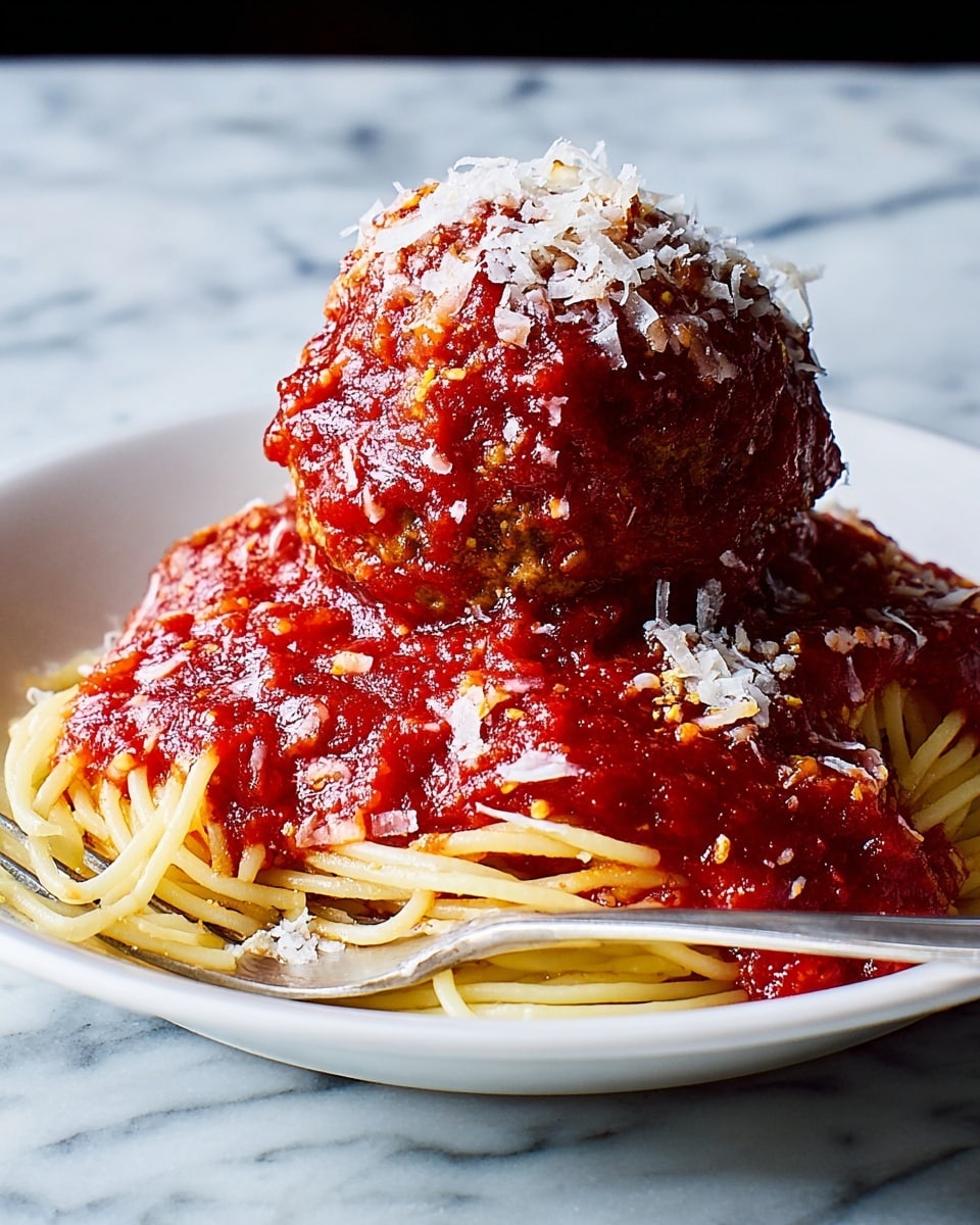 A white plate holds a bed of yellow spaghetti noodles spread across the bottom, topped with a rich layer of chunky red tomato sauce. On top sits a large, round meatball covered in thick red sauce, sprinkled generously with shredded white cheese. A silver fork rests on the plate, partially tangled in the spaghetti. The background is a dark, blurred texture, contrasting with the bright food and plate, all set on a white marbled surface. photo taken with an iphone --ar 4:5 --v 7