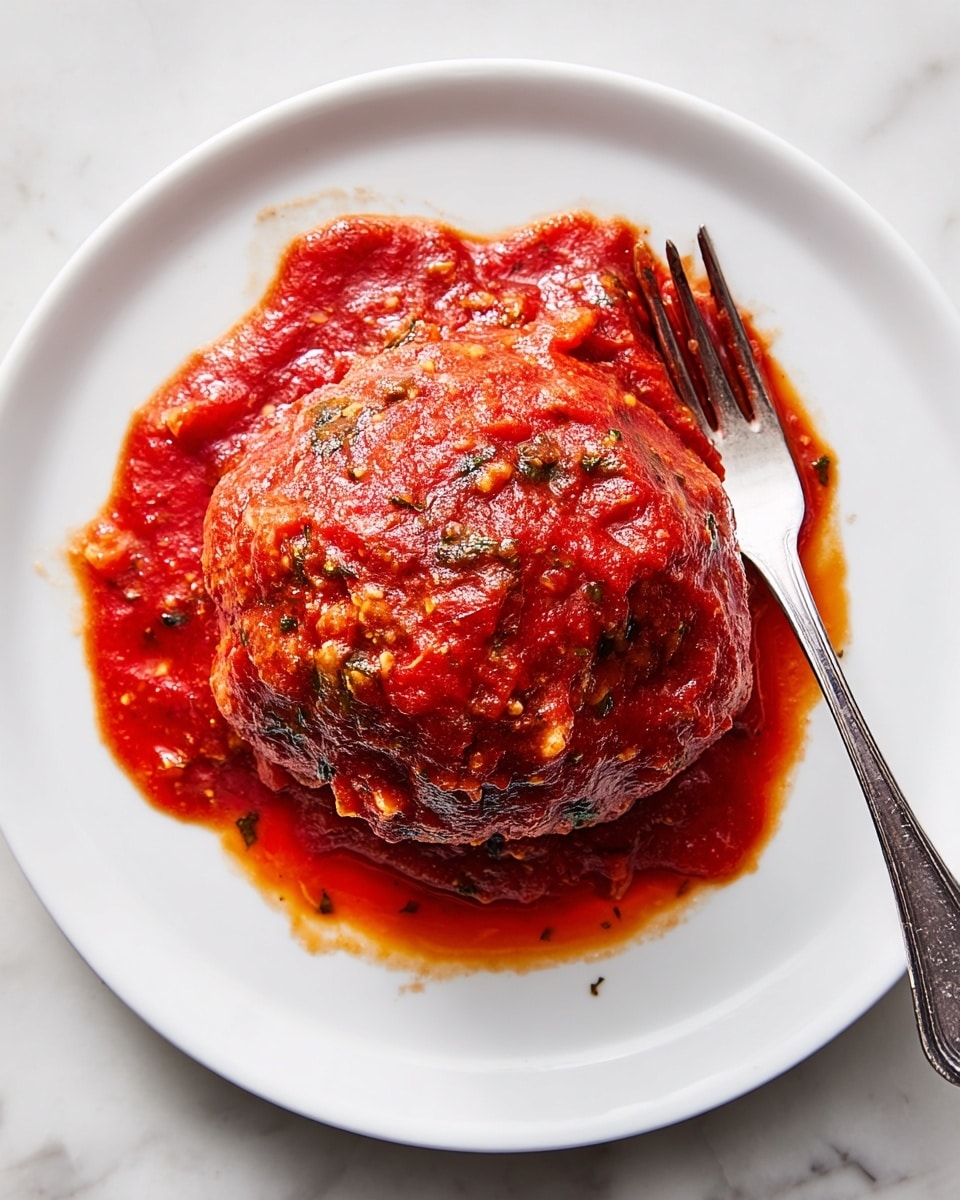 A single large, round meatball covered in thick, chunky red tomato sauce sits centrally on a white plate. The meatball is textured with small visible bits of seasoning and browned spots, partially soaked in the rich red sauce that pools around its base and slightly spills over on the plate. To the right side of the plate, a shiny silver fork rests with its prongs angled towards the meatball. The plate is placed on a white marbled surface, adding a subtle pattern beneath the dish. Photo taken with an iphone --ar 4:5 --v 7
