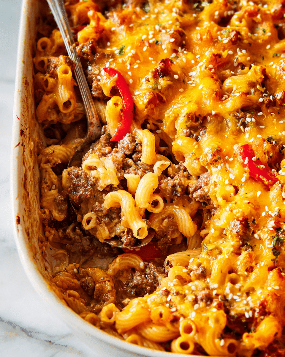 A close-up view of a cooked pasta casserole in a white bowl, showing one layer of elbow macaroni mixed with browned ground beef and pieces of cooked onion and red pepper. On the top layer, melted golden-yellow cheddar cheese is spread over the pasta and meat, sprinkled with small white sesame seeds. The texture looks creamy and slightly crispy on top with a mix of soft pasta and tender meat underneath. A metal spoon is scooping up some of the casserole from the left side. The bowl sits on a white marbled surface photo taken with an iphone --ar 4:5 --v 7