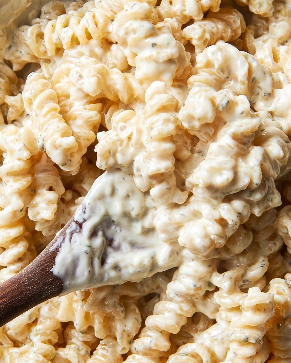This close-up image shows a creamy pasta dish with tightly curled, spiral-shaped noodles covered in a thick, smooth white sauce with tiny green specks, likely herbs, spread evenly across all the pasta. A wooden spoon with a visible grain pattern is scooping the pasta from the bottom center, dragging some noodles along with sauce clinging to it. The background is a white marbled texture that contrasts softly with the light color of the sauce, making the creamy texture and pasta shape stand out clearly. photo taken with an iphone --ar 4:5 --v 7