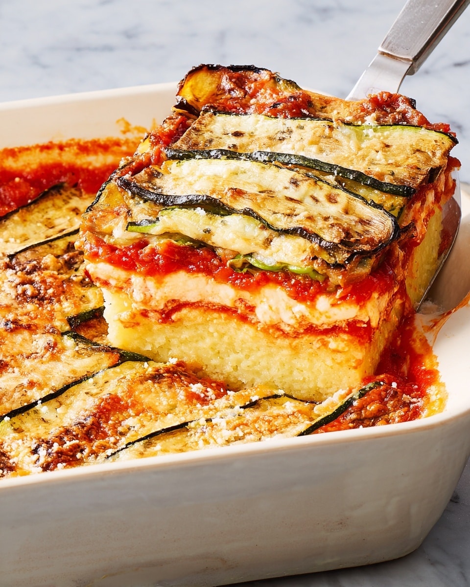 A square slice of golden baked lasagna is lifted with a shiny fork from a white baking dish with blue sides, showing multiple layers inside. The top layer is covered with a golden-brown melted cheese and thin slices of baked zucchini arranged in a crisscross pattern. Below that, there are soft layers of orange-red tomato sauce, creamy cheese, and tender pasta sheets, stacked evenly to create a thick, rich dish. The edges are slightly crispy and browned. The baking dish sits on a white marbled surface. Photo taken with an iphone --ar 4:5 --v 7