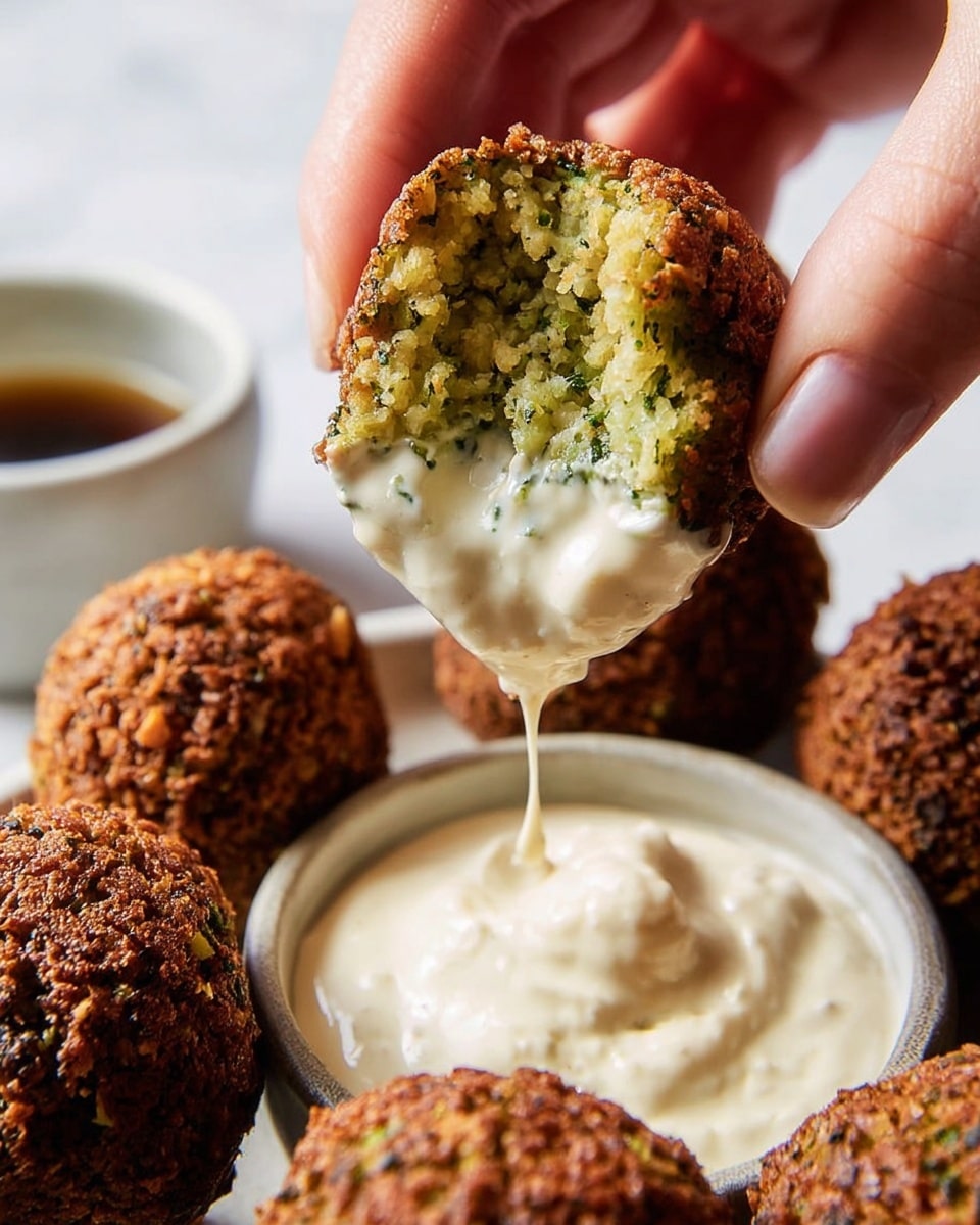 A close-up of a woman's hand holding a falafel ball with a crispy, golden brown outer layer and a green, crumbly inside showing bits of herbs. The falafel is being dipped into a thick, creamy, white sauce that clings and stretches from a small white bowl filled with the sauce. In the background, several more falafel balls lie on a white plate with a white marbled surface beneath, and there is a blurred dark cup in the back. photo taken with an iphone --ar 4:5 --v 7