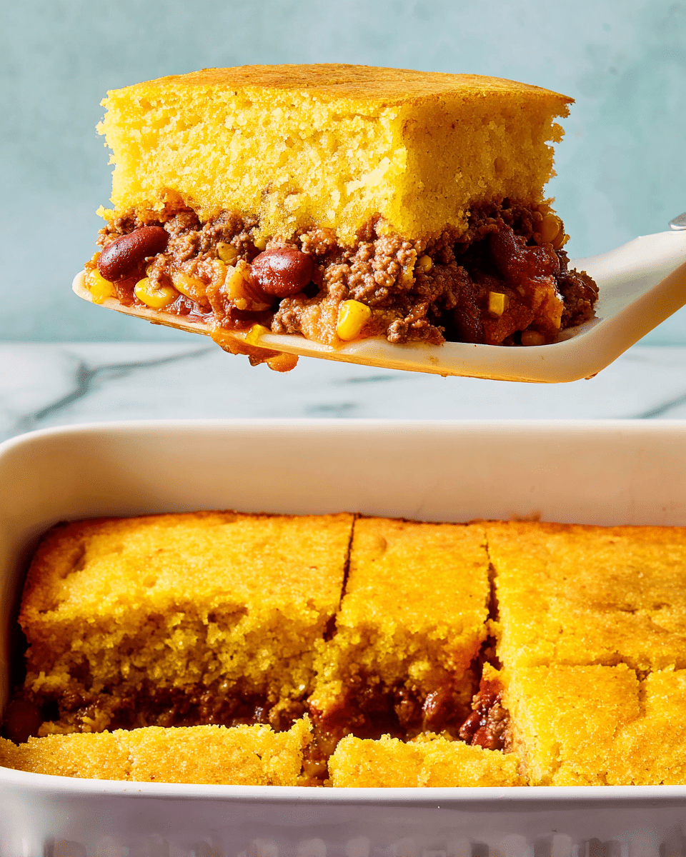 A close-up view of a thick square slice of cornbread casserole held above a white baking dish by a white spatula, showing three main layers: the top layer is a golden yellow crumbly cornbread with a slightly crispy surface, the middle layer is a rich mix of brown ground beef and whole red beans with visible bits of tomato and sauce, and the bottom layer is another dense, golden cornbread base. The white baking dish has handles and the remaining casserole shows a smooth yellow cornbread top, all set against a white marbled texture. The slice reveals the moist, textured filling clearly between the soft cornbread layers. Photo taken with an iphone --ar 4:5 --v 7