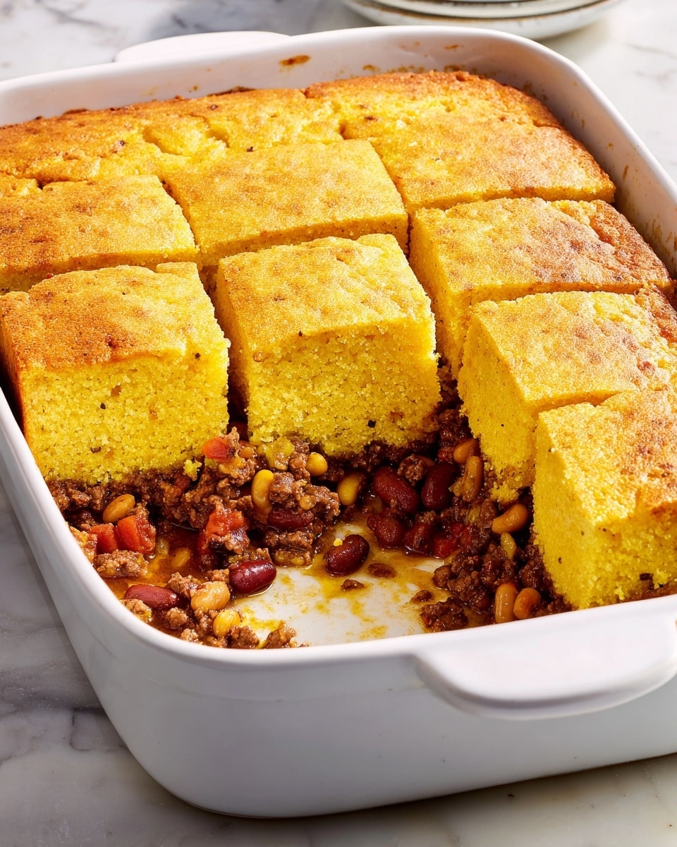 A white rectangular baking dish holds a baked casserole cut into six pieces, with one piece removed from the bottom left corner. The dish shows two layers: a thick, golden-yellow cornbread top and bottom layer with a soft, crumbly texture, and a middle layer of cooked ground beef mixed with brown beans and small pieces of red bell pepper, creating a rich and hearty filling. Some of the filling has spilled slightly onto the dish's bottom near the empty space, and the edges of the cornbread are lightly browned. The dish is set on a white marbled surface. photo taken with an iphone --ar 4:5 --v 7