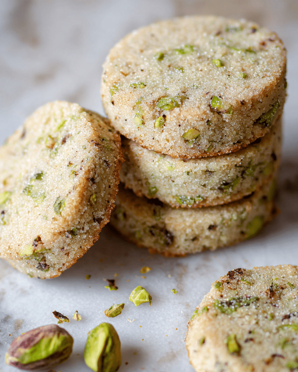 The image shows a close-up of three round pistachio cookies stacked on a white marbled surface. Each cookie has a light beige color with small green and brown bits of pistachio nuts evenly spread throughout, giving a crunchy texture. The top cookie on the stack is sprinkled with fine sugar crystals that shimmer slightly under the light. Beside the stack, there are a few whole and halved pistachio nuts scattered on the surface, enhancing the pistachio theme. The cookies have a slightly rough texture and a crumbly appearance, suggesting they are freshly baked. photo taken with an iphone --ar 4:5 --v 7