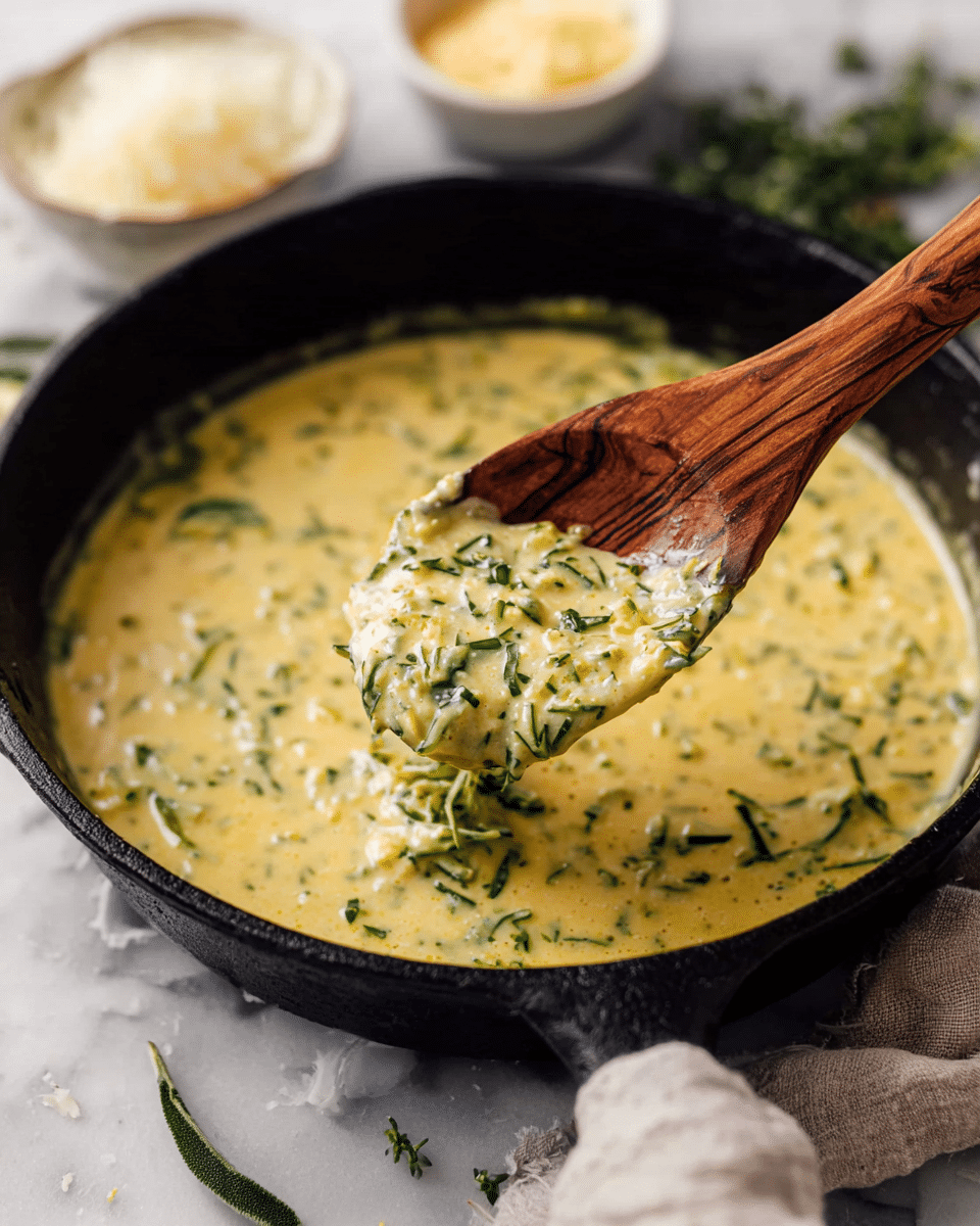 A skillet filled with a creamy, pale yellow zucchini mixture with visible thin green zucchini strands throughout, speckled with small black pepper bits. The skillet sits on a soft gray cloth, on a white marbled surface. Next to the skillet is a small white bowl filled with finely grated pale cheese. A wooden spoon rests nearby, and fresh green herbs lie partly under the skillet. photo taken with an iphone --ar 4:5 --v 7