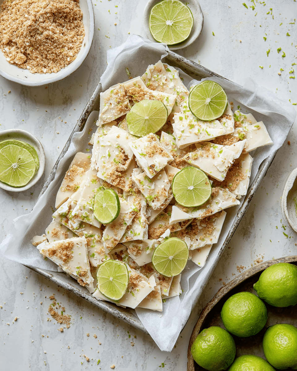 The image shows a metal tray lined with white parchment paper filled with broken pieces of white bark topped with light brown crumbly bits and small green zest scattered on top. There are several round, fresh lime slices placed among the bark pieces, adding bright green color and freshness. Surrounding the tray are white bowls, one containing a light brown crumbly mixture and another with whole green limes, all placed on a white marbled surface. The overall look is casual and fresh, highlighting the texture and colors of the bark and lime slices. photo taken with an iphone --ar 4:5 --v 7