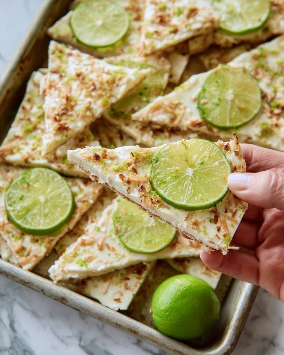 The image shows a metal tray filled with multiple irregular triangle-shaped pieces of a creamy white bark layered with bits of light to medium brown toasted coconut and small green lime zest flecks throughout. There are several bright green lime slices placed on top and around the bark pieces. A woman's hand is holding up one piece in the foreground, showing the textured surface and thickness of the bark. The background is a white marbled texture. Photo taken with an iphone --ar 4:5 --v 7