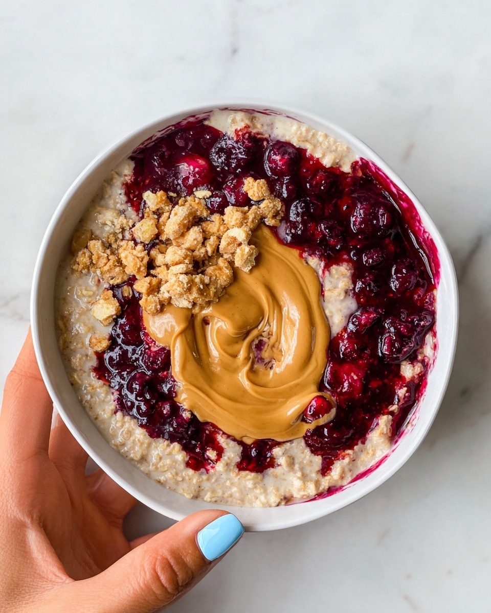 A white bowl filled with three main layers: a thick layer of creamy beige oatmeal spread unevenly, a bright dark red berry compote with whole berries spreading between and over the oatmeal, and a generous swirl of smooth light brown peanut butter placed near the center. Small clusters of light brown granola are scattered on top, adding texture. A woman's hand with light blue nail polish gently holds the edge of the bowl against a white marbled surface. photo taken with an iphone --ar 4:5 --v 7
